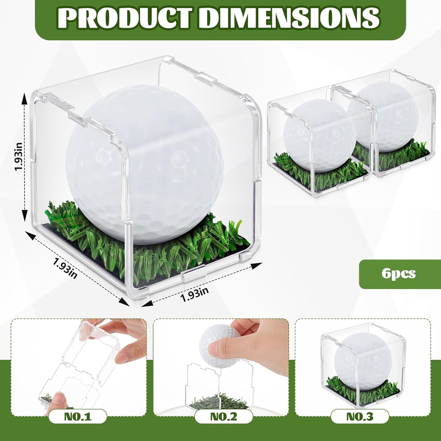Tioncy 6 Pcs UV Protected Golf Ball Holder Display Case with Turf 2x2 x2 Inch Clear Acrylic Golf Ball Hole in one Stand Display Case Storage Box for Memorabilia Autograph Souvenir Collection