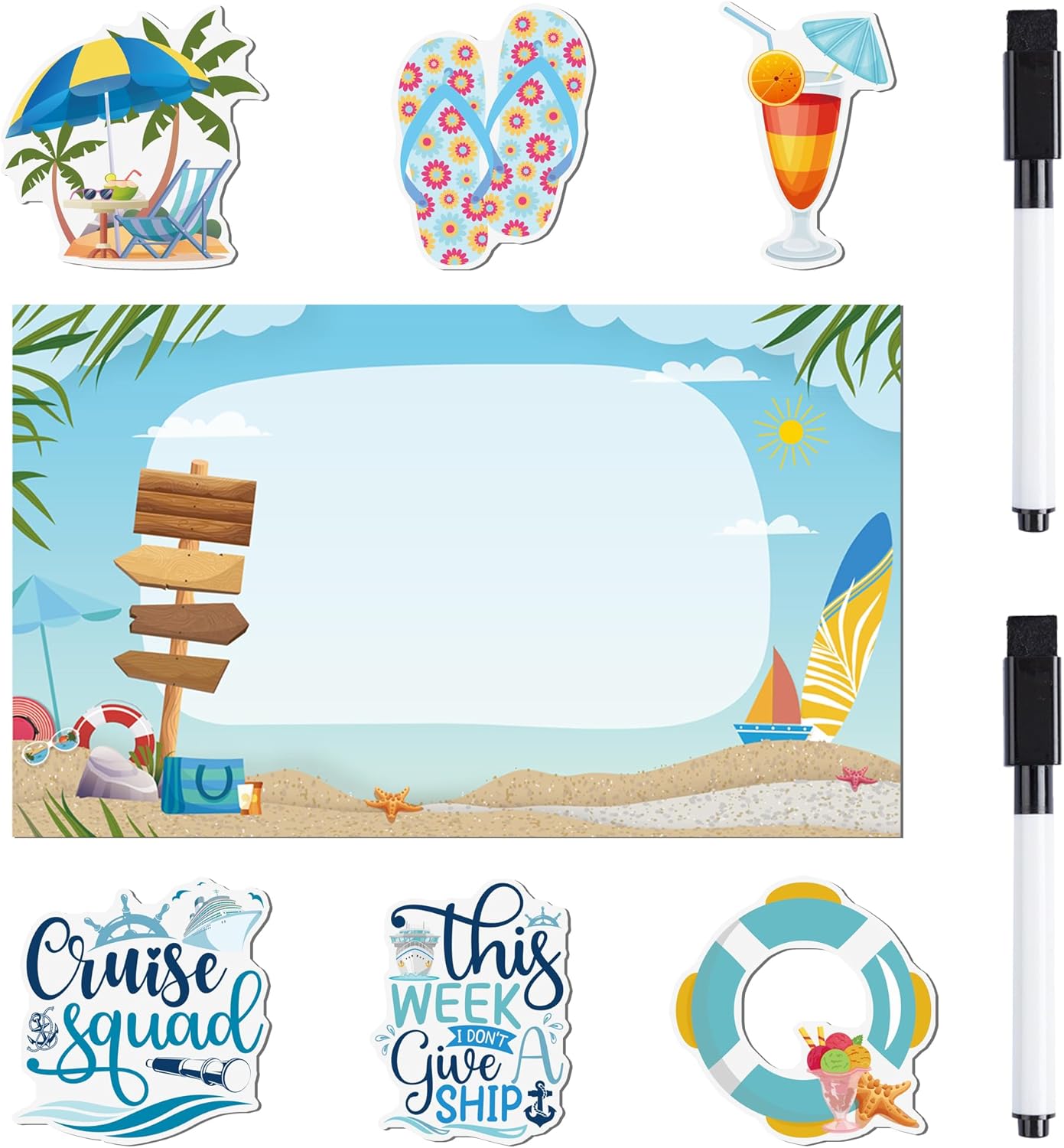 Cruise Ship Door Decorations Magnetic - 7 Pcs Cruise Door Decorations, Cruise Squad Magnet Stickers, Cruise Door Decor for Fridge Refrigerator Carnival Cruise Party, with 2 Pcs Pen