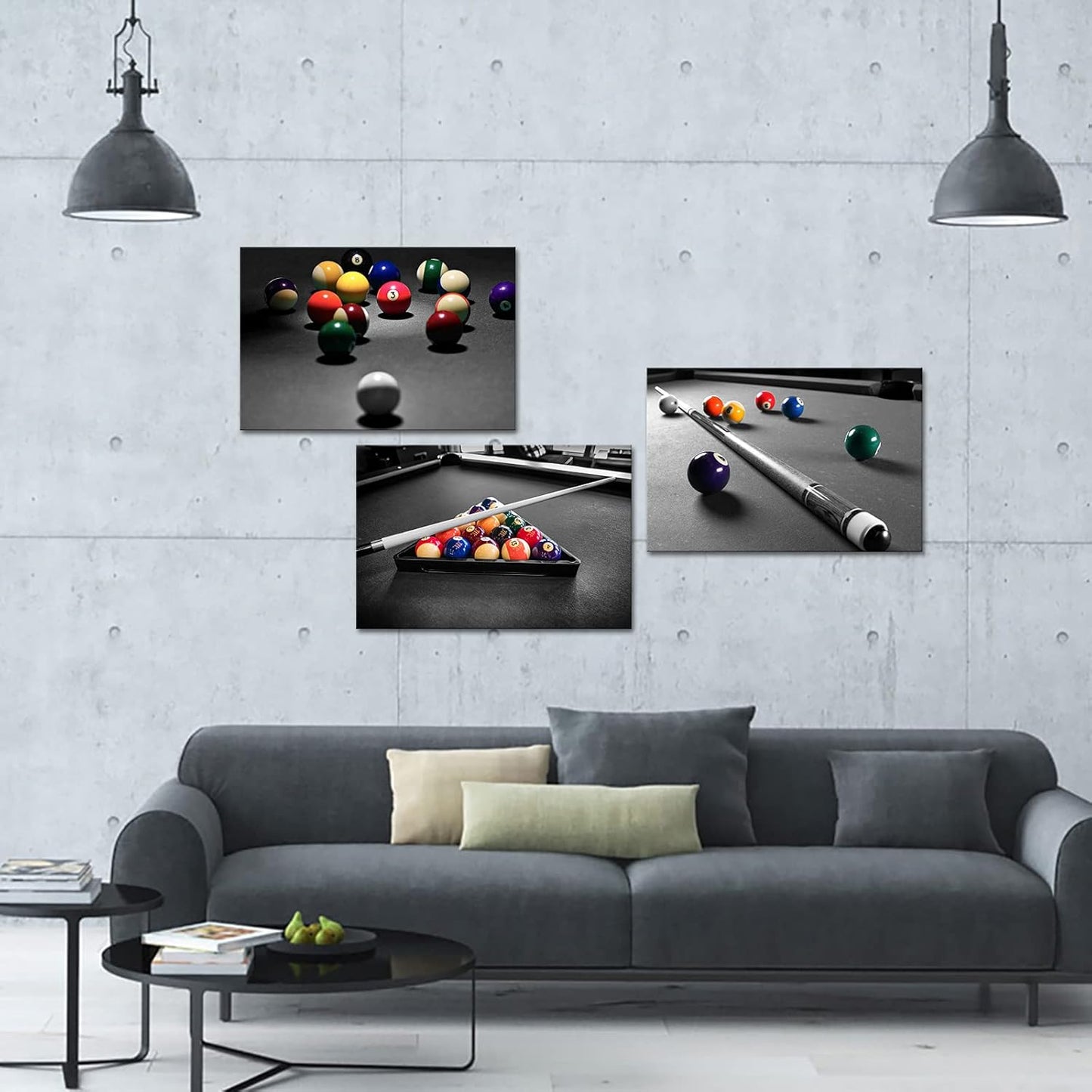 Apicoture Billiards Art Canvas Wall Decor - Black And White Billiard Balls Pool Table Picture Prints Framed For Mens Berdroom Home Office Room Wall Decor Ready To Hang 16"X24"X3 Pieces