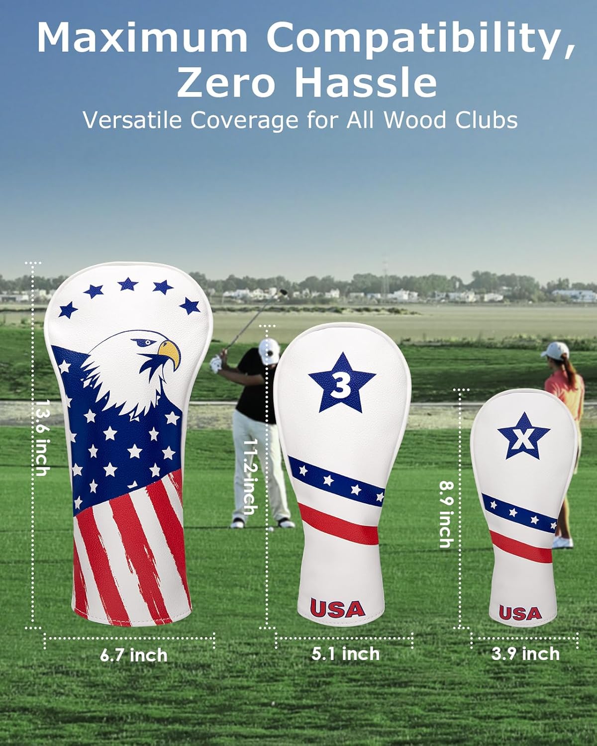 Golf Head Covers, 3 Pack Golf Club Head Covers USA Stars and Stripes, Velour Lined for Extra Club Protection, Designed to Fit All Woods and Drivers Velour Lined
