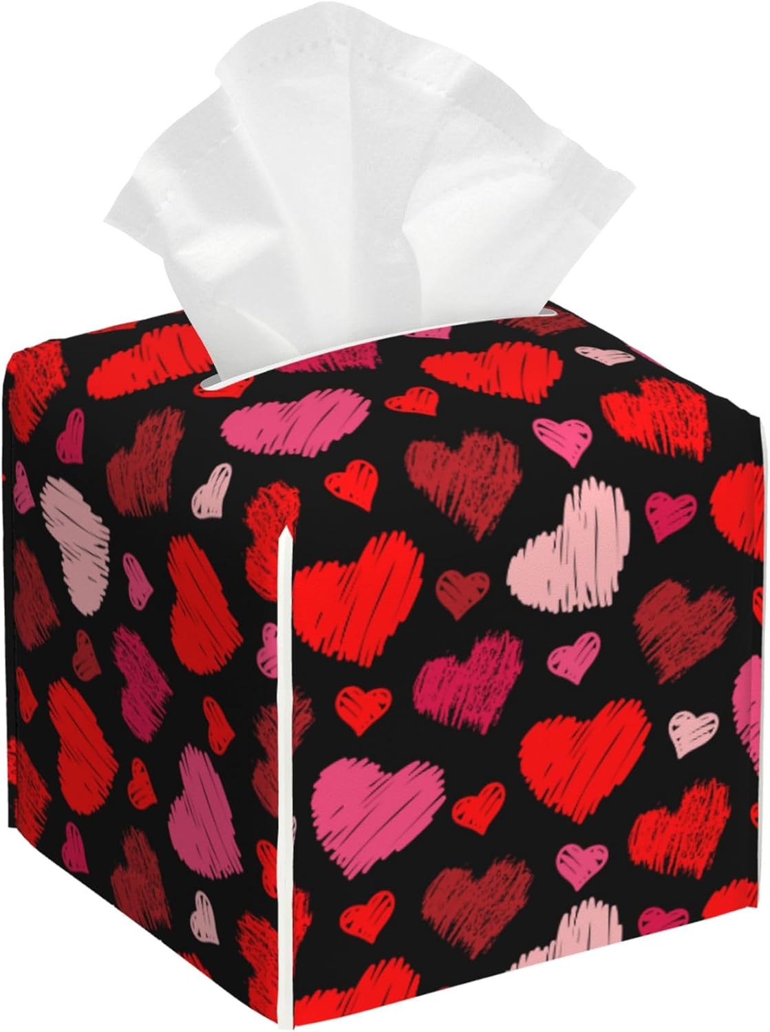 Tissue Box Cover, Colorful Hearts Pu Leather Square Tissue Box Cover Case Organizer Cube Box Holder for Bathroom Vanity Countertop, Night Stands, Office Desk & Car 5.2X5.2X5.2''