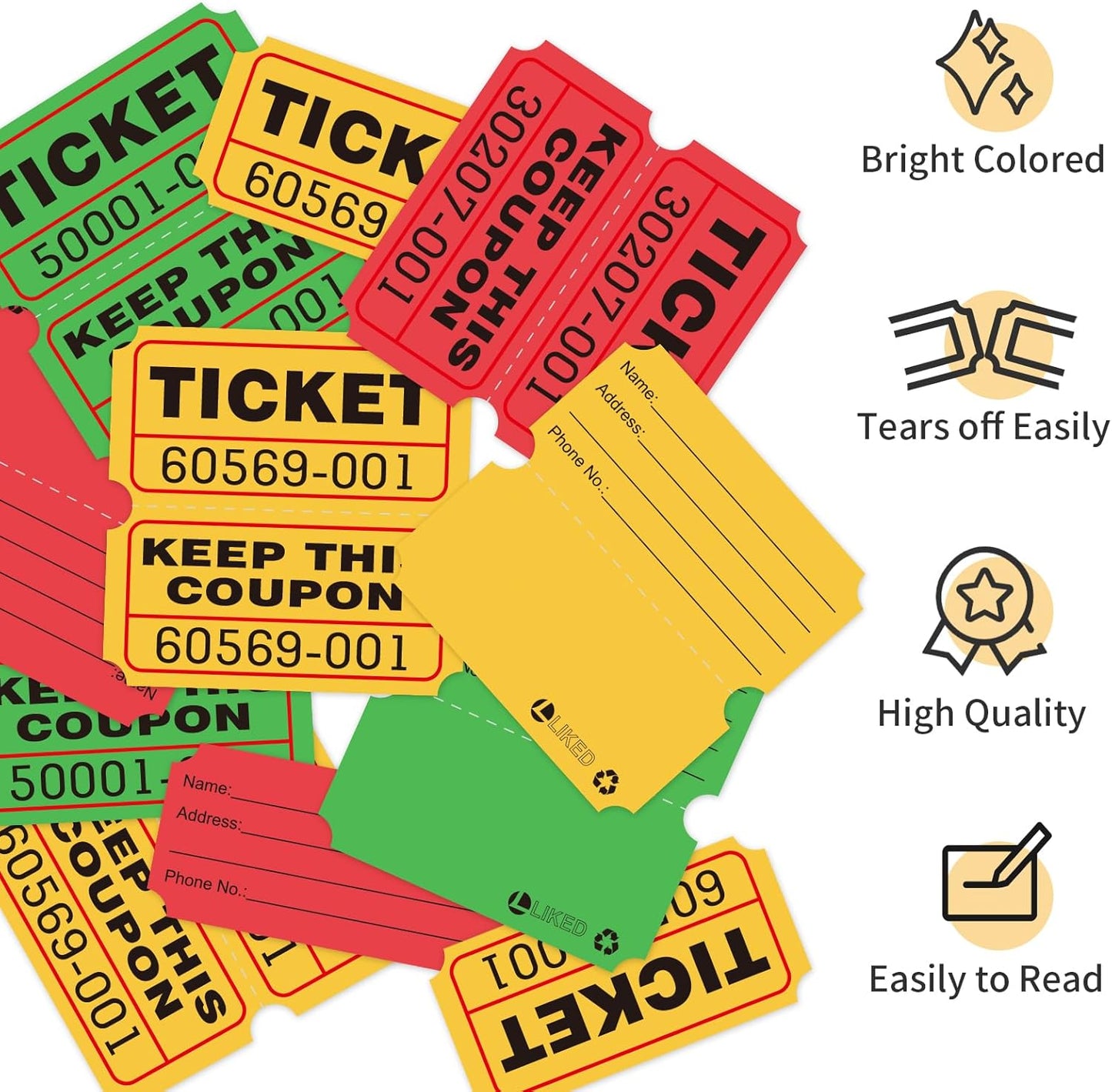 L LIKED 3000 Assorted Raffle Tickets Double Roll,Consecutively Numbered,50/50 Raffle Tickets for Event,Party,Prize,Drawing(Red,Green,Yellow)
