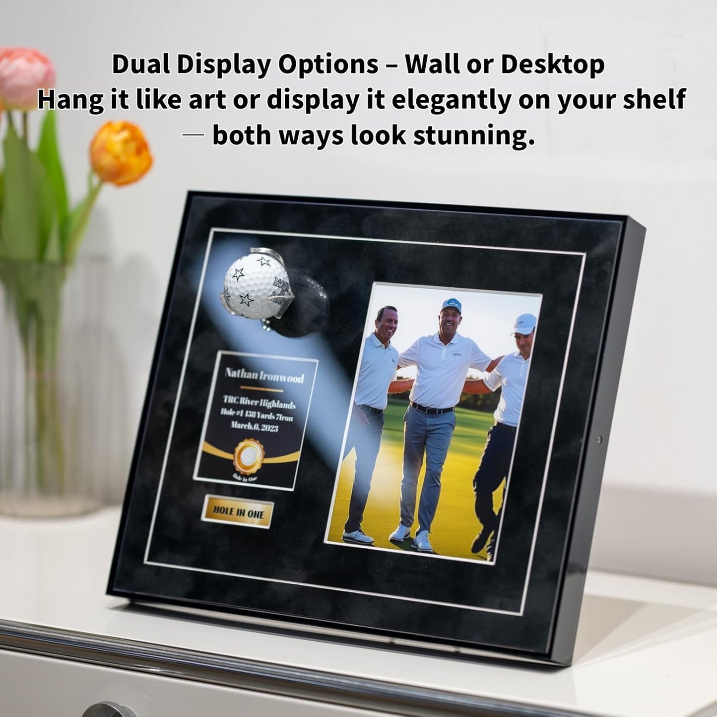 One-Shot Victory Golf Ball Display Frame – Acrylic Case with External Ball Mount, Custom Photo & Nameplate, Black Suede Mat, Elegant Golf Keepsake Gift