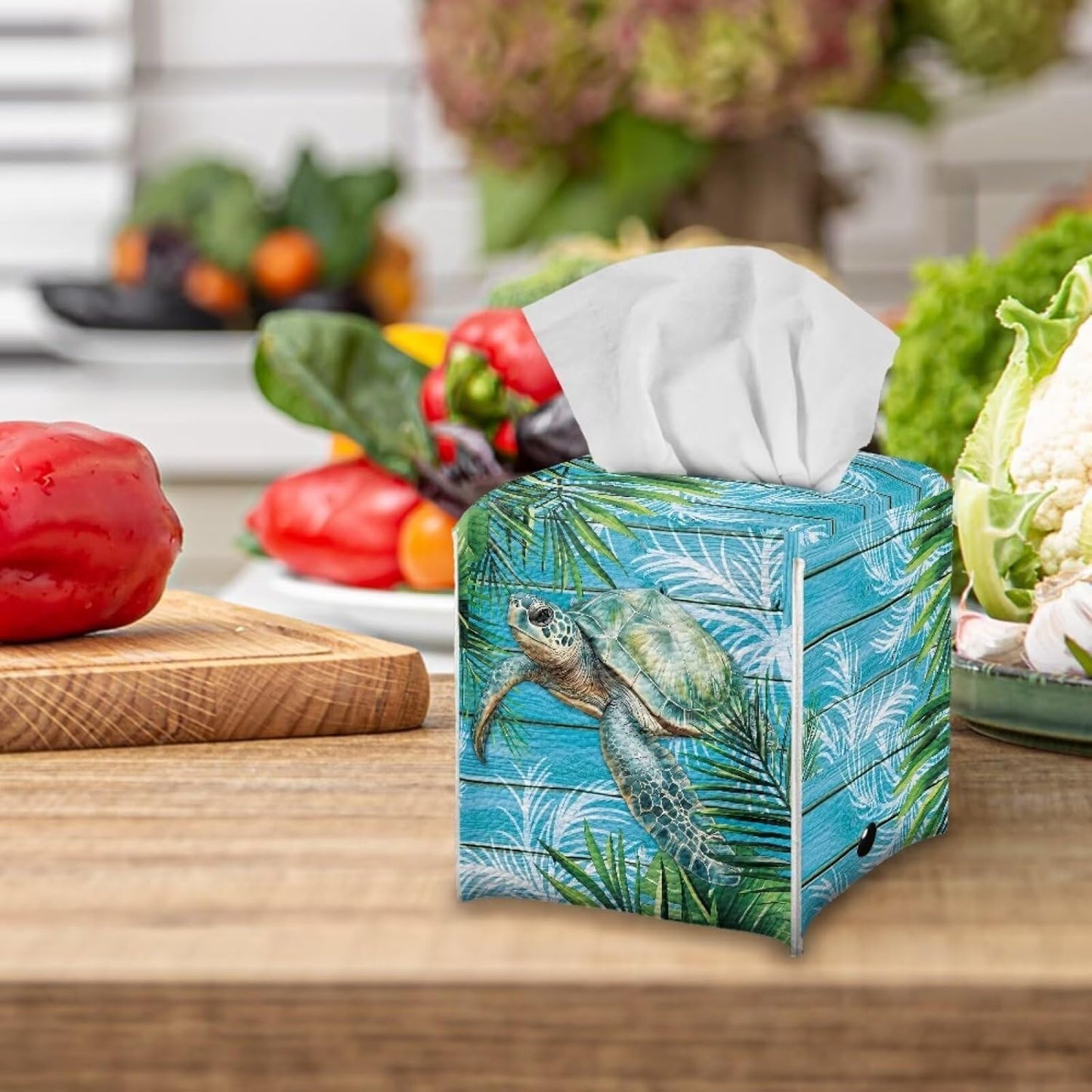 Sea Turtle Tissue Box Cover Waterproof Square PU Leather Facial Tissue Box Holder for Dresser Bathroom Decor Foldable Easy to Storage or Take
