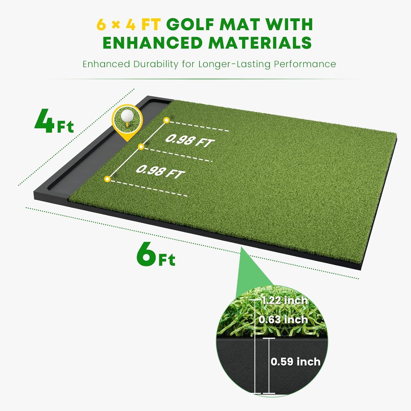 Integrated 6x4ft 26mm-31mm Golf Mat with Ball Tray, Thickening Golf Mats Practice Outdoor & Indoor, Artificial Turf Matt with 3 Tees for Hitting, Driving Chipping, Swinging