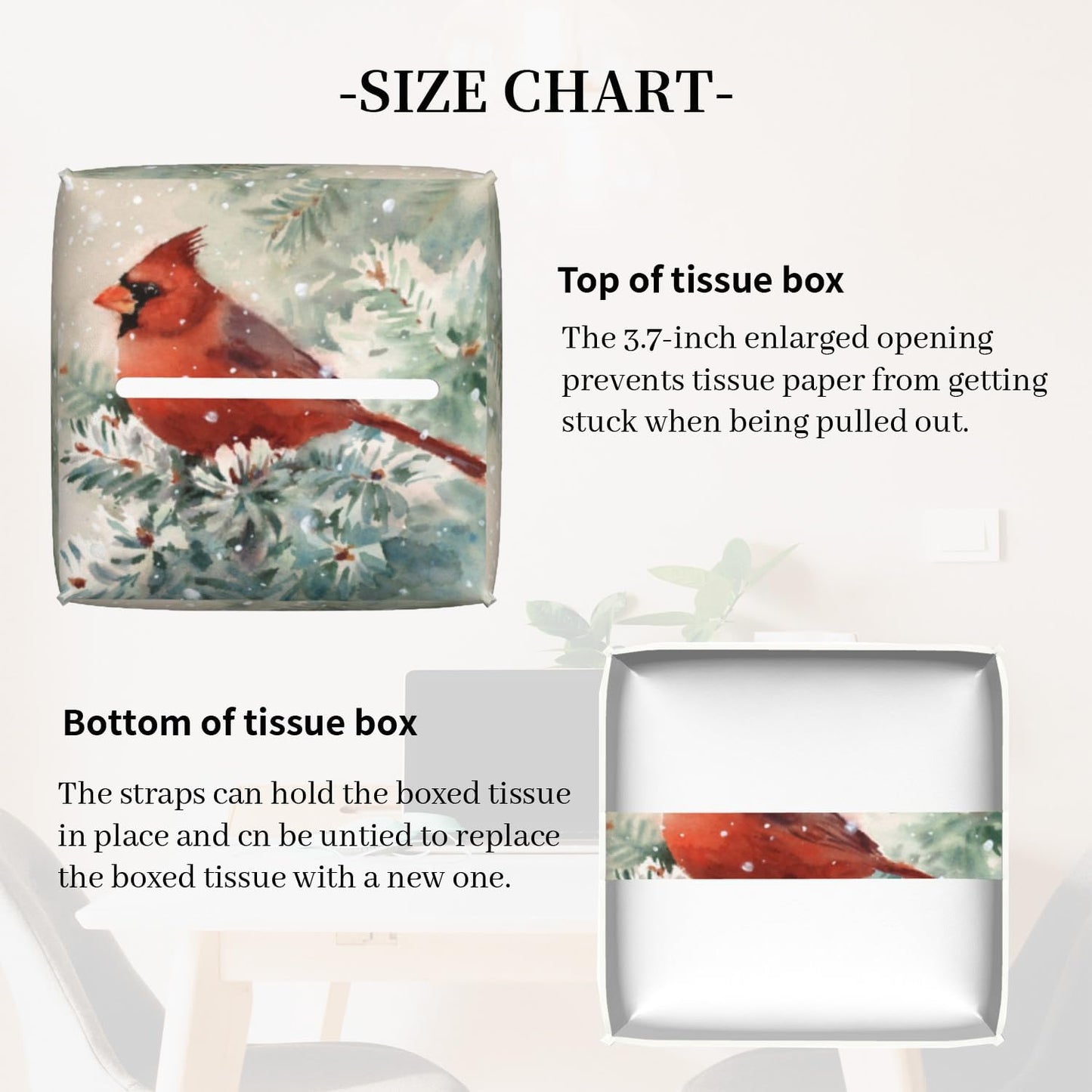 Tissue Box Cover, Winter Christmas Cardinal Bird Pu Leather Square Tissue Box Cover Case Organizer Cube Box Holder for Bathroom Vanity Countertop, Night Stands, Office Desk & Car 5.2X5.2X5.2''