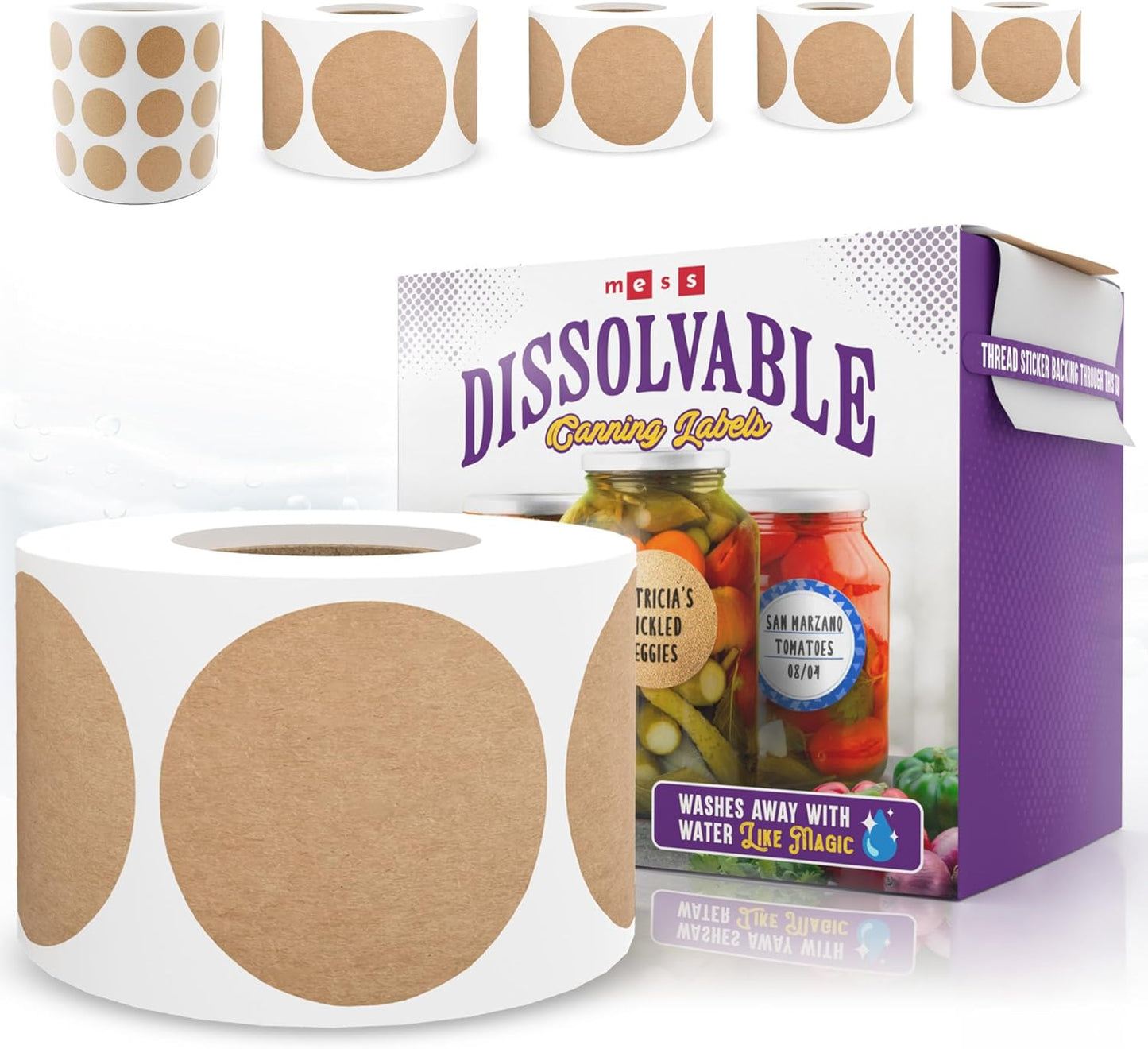 MESS Dissolvable Canning Labels – 200 Kraft 2" Removable Mason Jar Stickers for Jars, Containers, Homemade Jam, and Food Storage