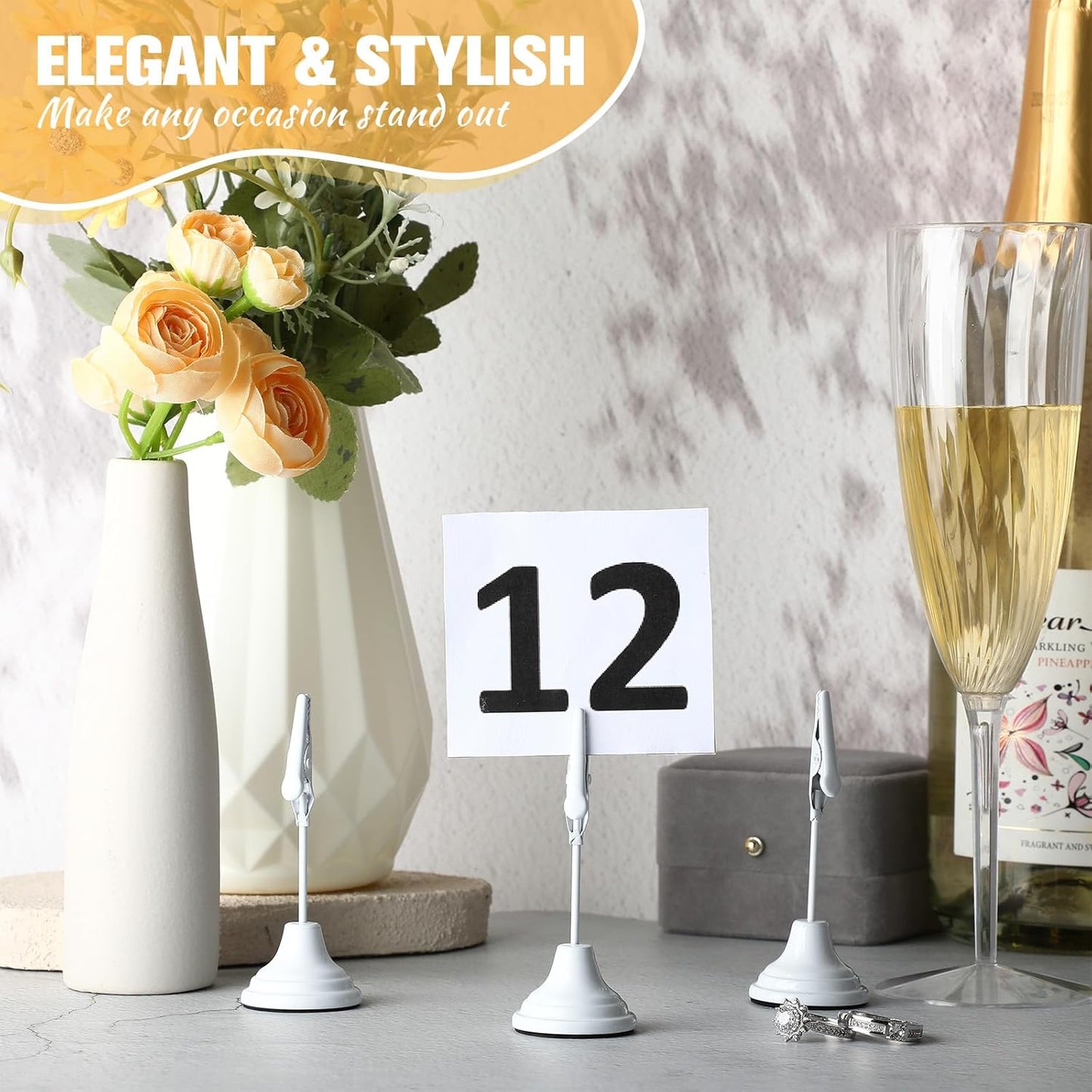 Skyygemm 12 Pcs Table Number Holders 3 Inch Place Card Holder with Alligator Clip Metal Place Card Stands Table Sign for Photos, Food Signs, Birthdays, Weddings (White)