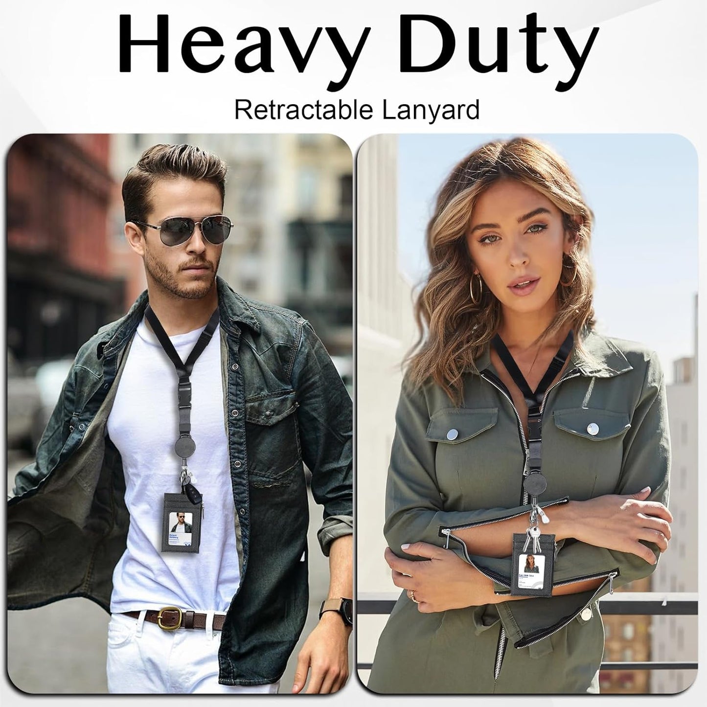 DELSWIN Badge Holder with Retractable Lanyard, PU Leather ID Badge Card Holder with 1 ID Window, 4 Card Slots, 1 Side Zipper Pocket, and Adjustable Neck Strap