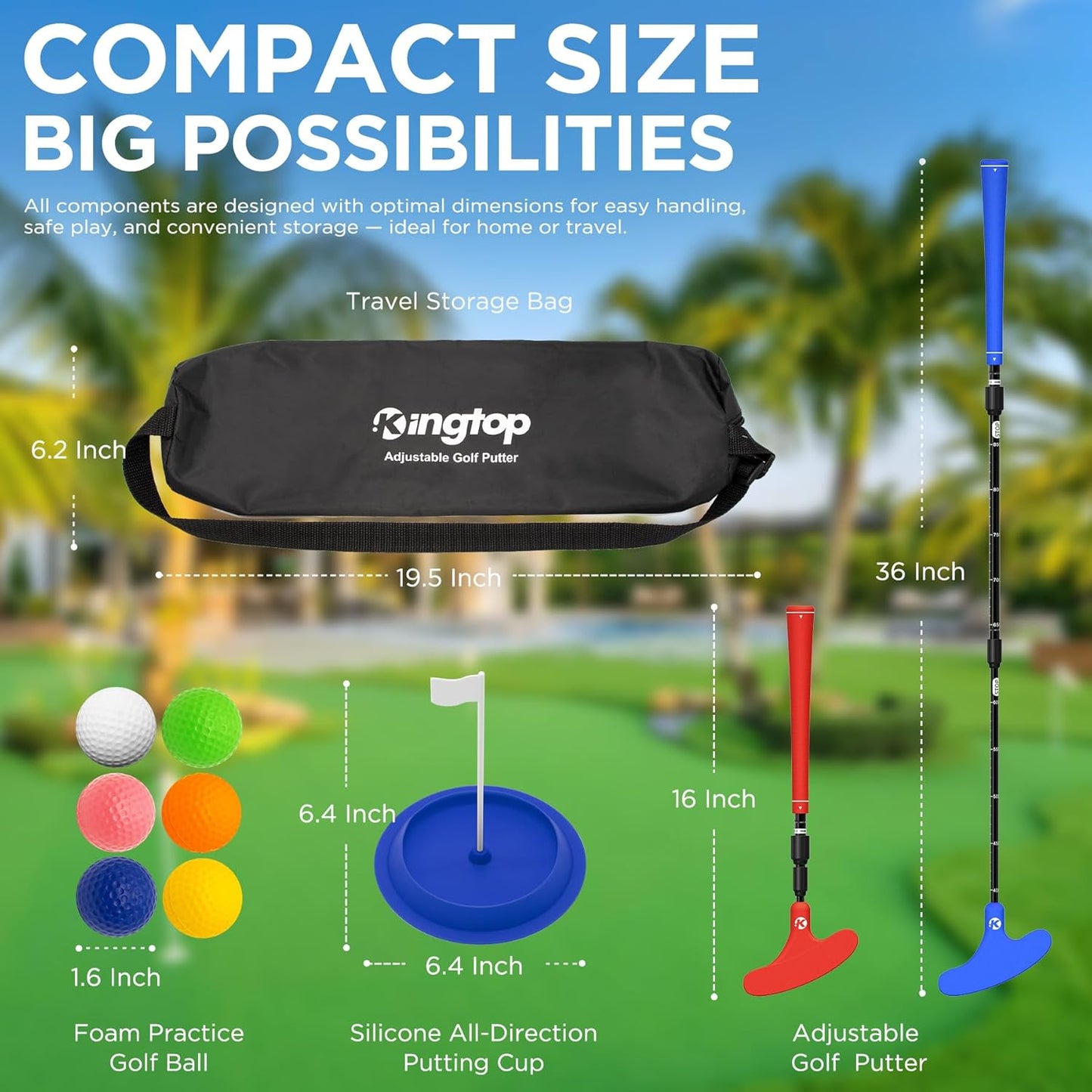 KINGTOP Adjustable Golf Putter – Retractable Shaft, Lightweight Travel Putter with Practice Balls & Putting Cup, Left & Right-Handed Design