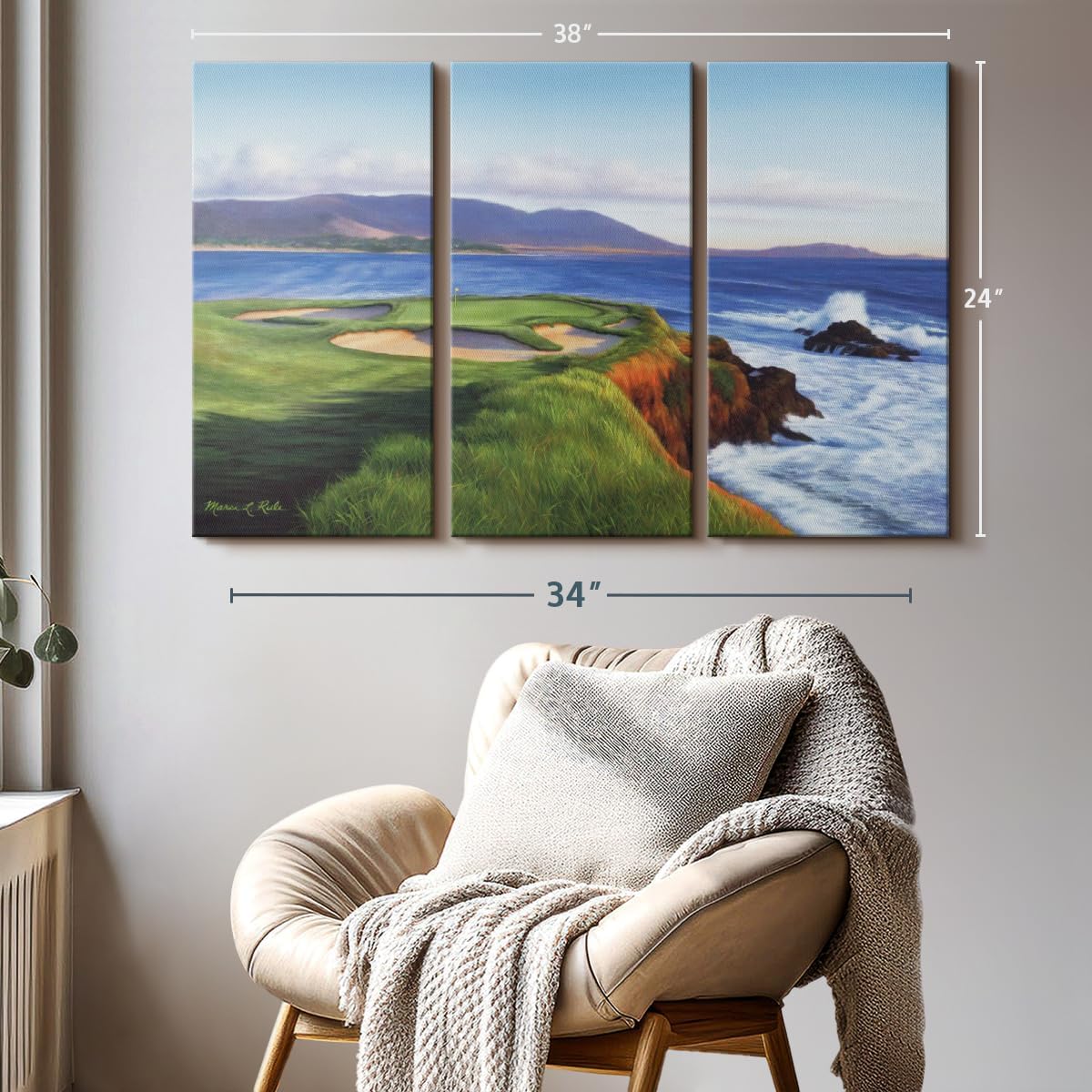 ElephantStock Pebble Beach 7th Hole Wall Art - Horizontal Canvas - 3-Piece Living Room Wall Decor - Painting Sports Canvas Print - Green and Blue Decor for Wall by Marci Rule - 38" X 24"