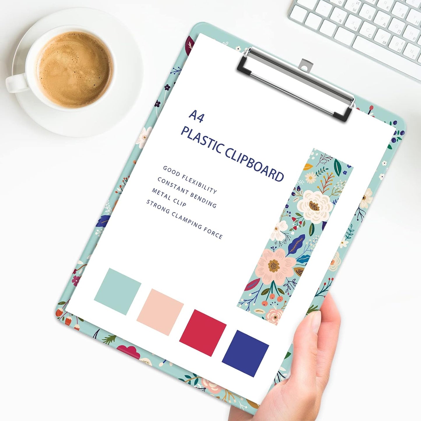 Plastic A4 Clipboards, Cute Clip Board Stardard Letter Size 9 x 12.5 in, Office Decorative for Students Women Men and Kids, Green Flower