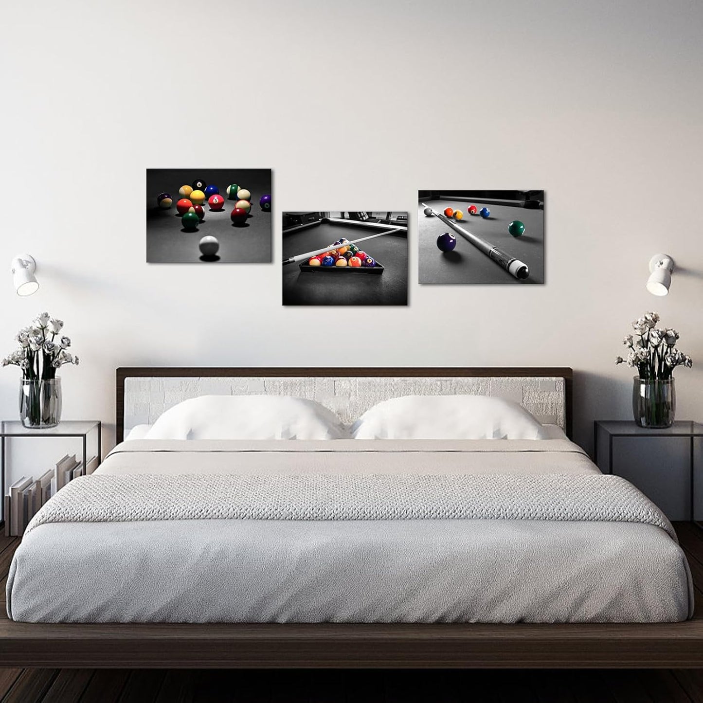Apicoture Billiards Art Picture Wall Decor - Black And White Billiard Balls Pool Table Room Wall Decor Billiards Poster Prints Framed For Mens Berdroom Office Room Wall Art Ready To Hang (12"x16"x3Panels)