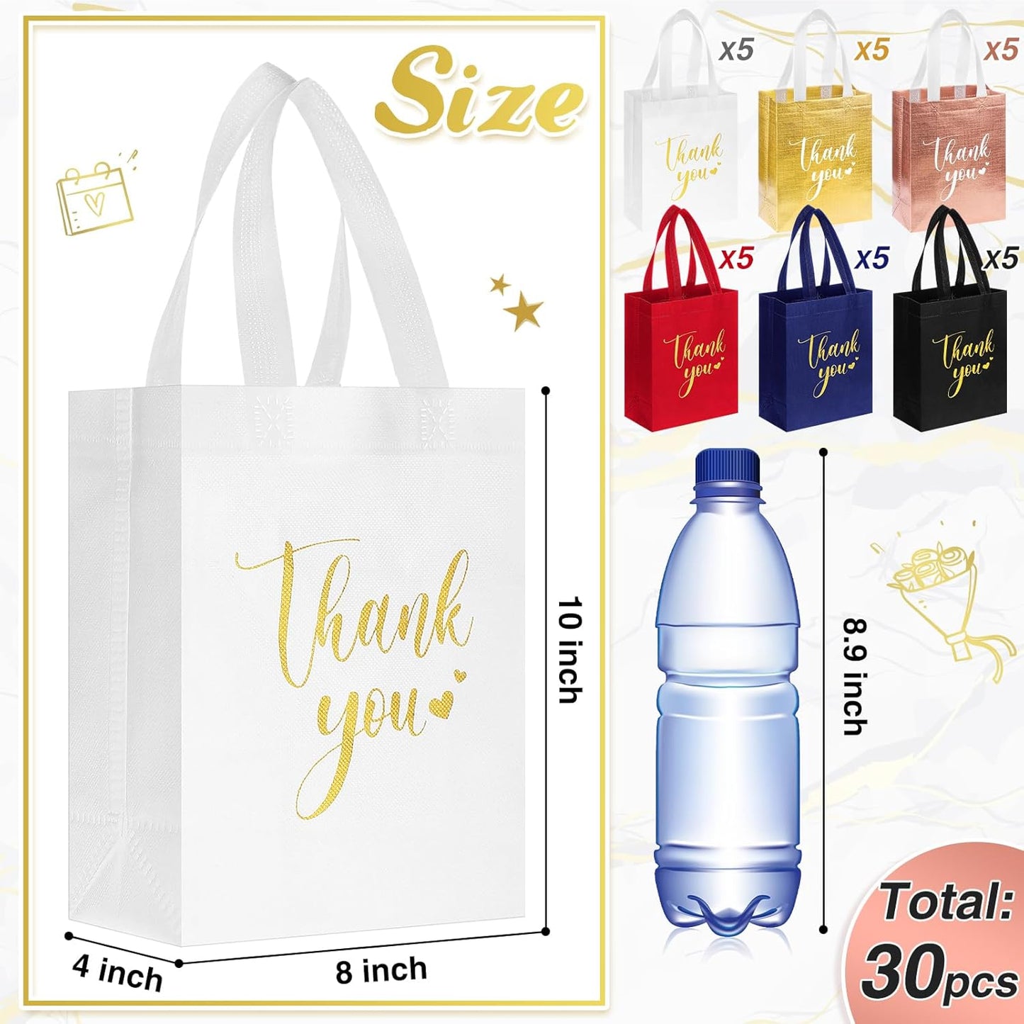 Sweetude 30 Pcs Thank You Gift Bags with Handles Bulk Reusable Goodie Bag Non Woven Foldable Handbag for Graduation Wedding Bridesmaid Gifts(10 x 8 x 4 Inch,Multicolor)