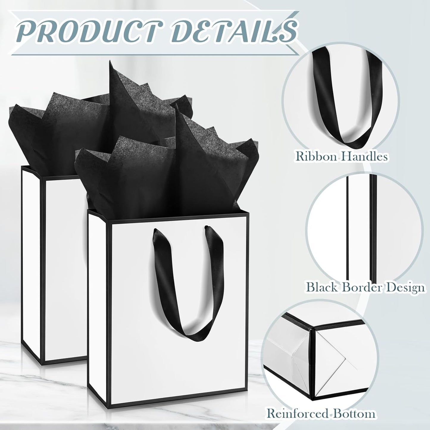 Yeaqee 24 Pack Metallic Paper Gift Bags with Handle and Tissue 9x7x3.1 Gold Foil Welcome Favor Bags Return Gifts for Wedding Fall 5 Senses Christmas Bridesmaid Birthday(White Black)