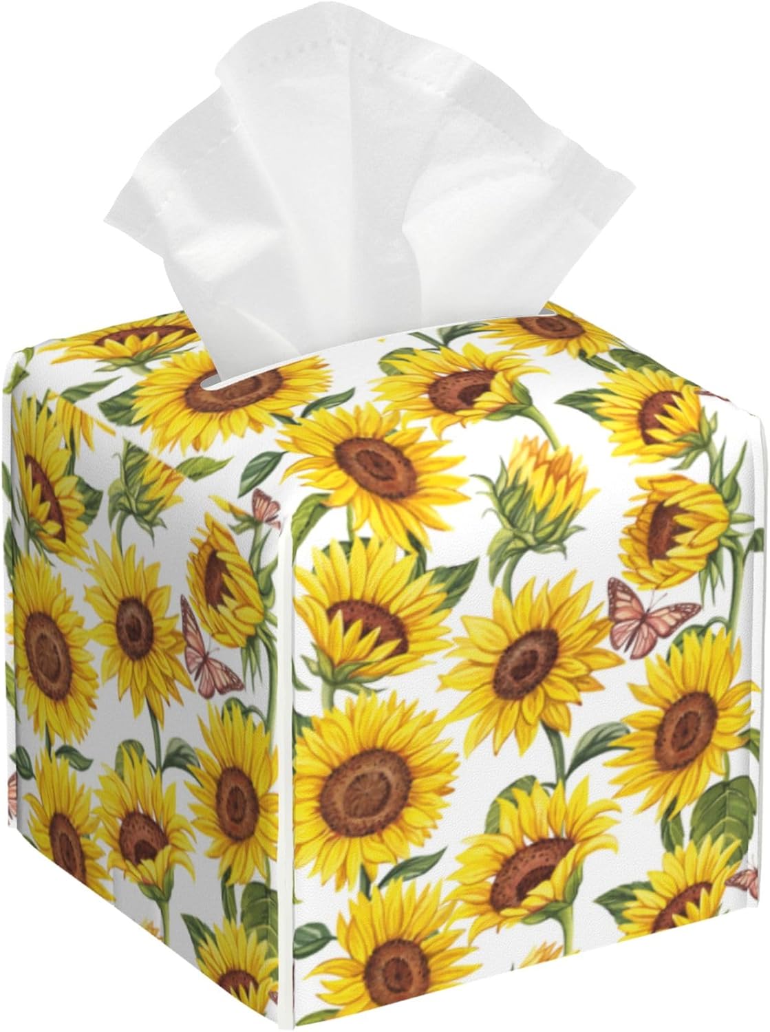 Tissue Box Cover Square,Sunflowers and Butterfly Tissue Box Holder Waterproof Leather Facial Paper Case Modern Home Decoration for Bedroom Dresser Night Stand Office Desk