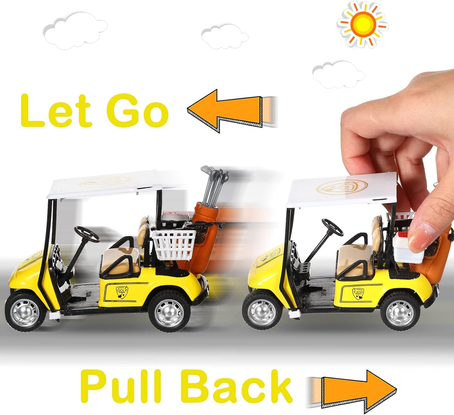 Jerify Mini Golf Cart Model Toy Metal Pull Back Action Cart 1:36 Scale Golfcart Pullback Vehicle Toys Operation Christmas Bulk for Golf Party Birthday Decor Dollhouse Cake Toppers, 3.9 Inch(4 Pcs)