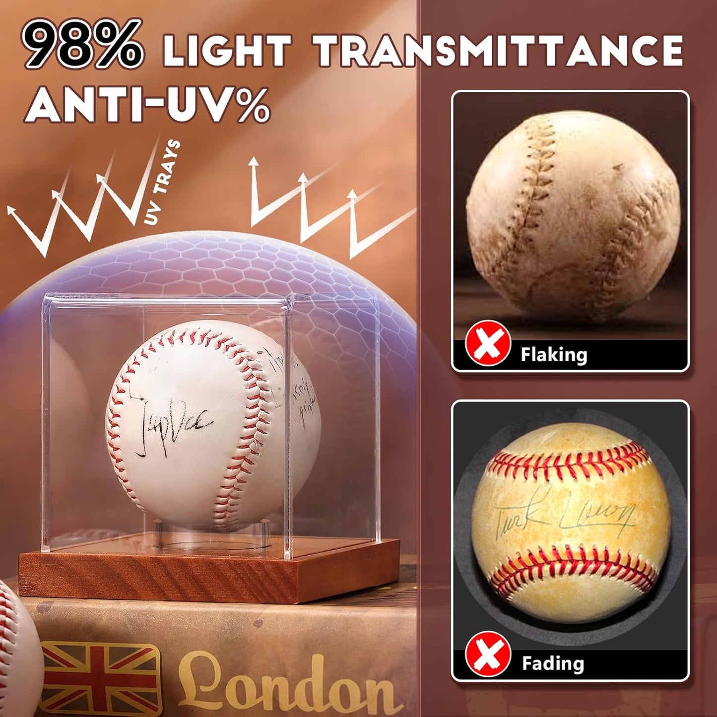 JupDec Baseball Display Case - Clear Cube Baseball Holder with Wooden Base, Autograph Stand Box for Single Ball, Acacia Wood, Brown, 1 Pack