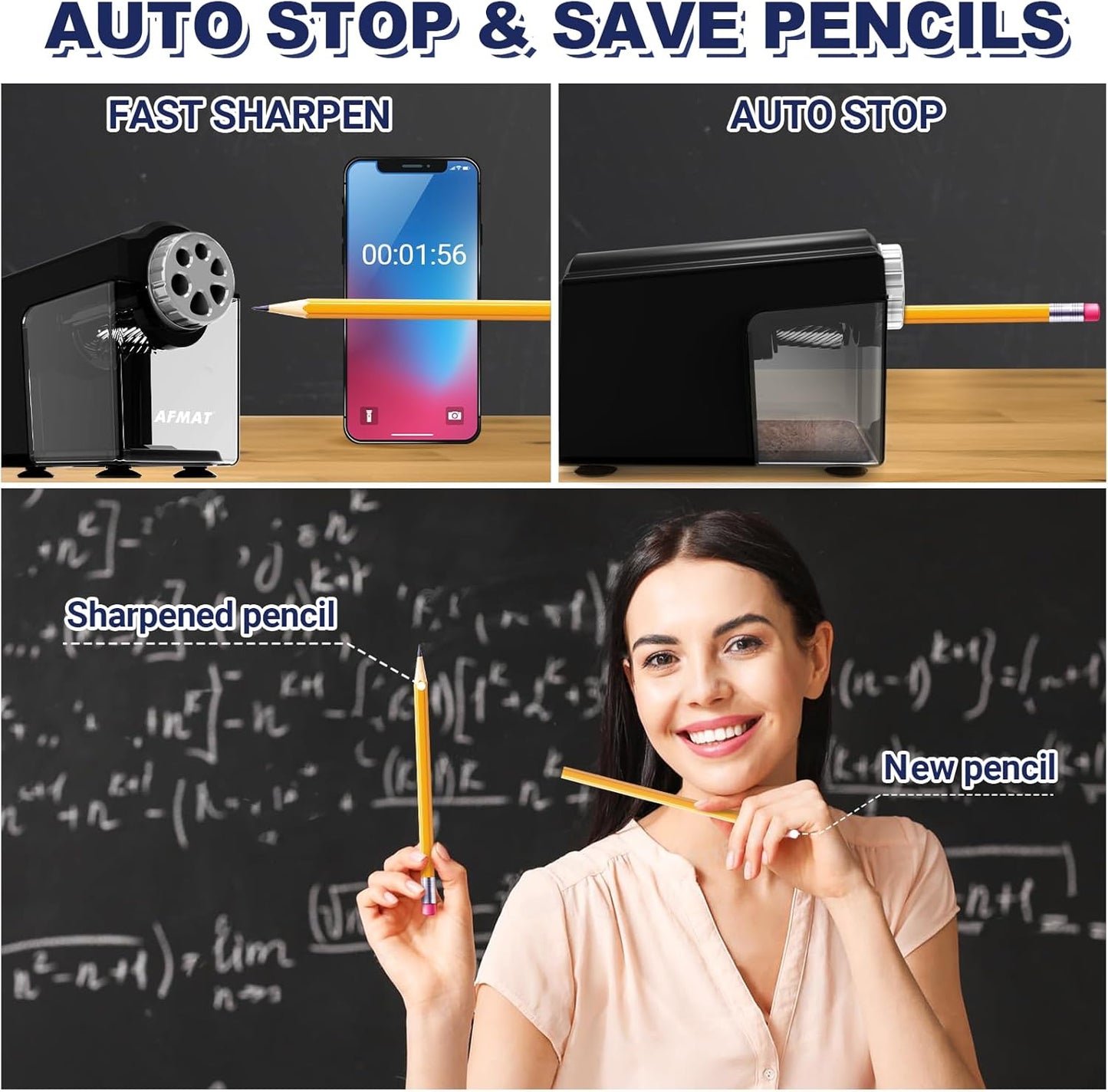 AFMAT PSX4 Electric Pencil Sharpener Heavy Duty, 6-Hole Classroom Pencil Sharpener for 6-11mm Pencils, Auto Stop Pencil Sharpeners Plug in, 10,000+ Sharpenings, Save Colored Pencils, Black