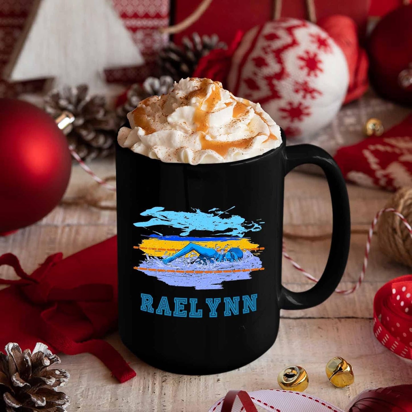 Personalized Black Ceramic Swimming Mug - Customized Travel Coffee Cup With Choose Name, 11 Oz or 15 Oz - Novelty Sports Gifts for Swimmers and Swimming Lovers