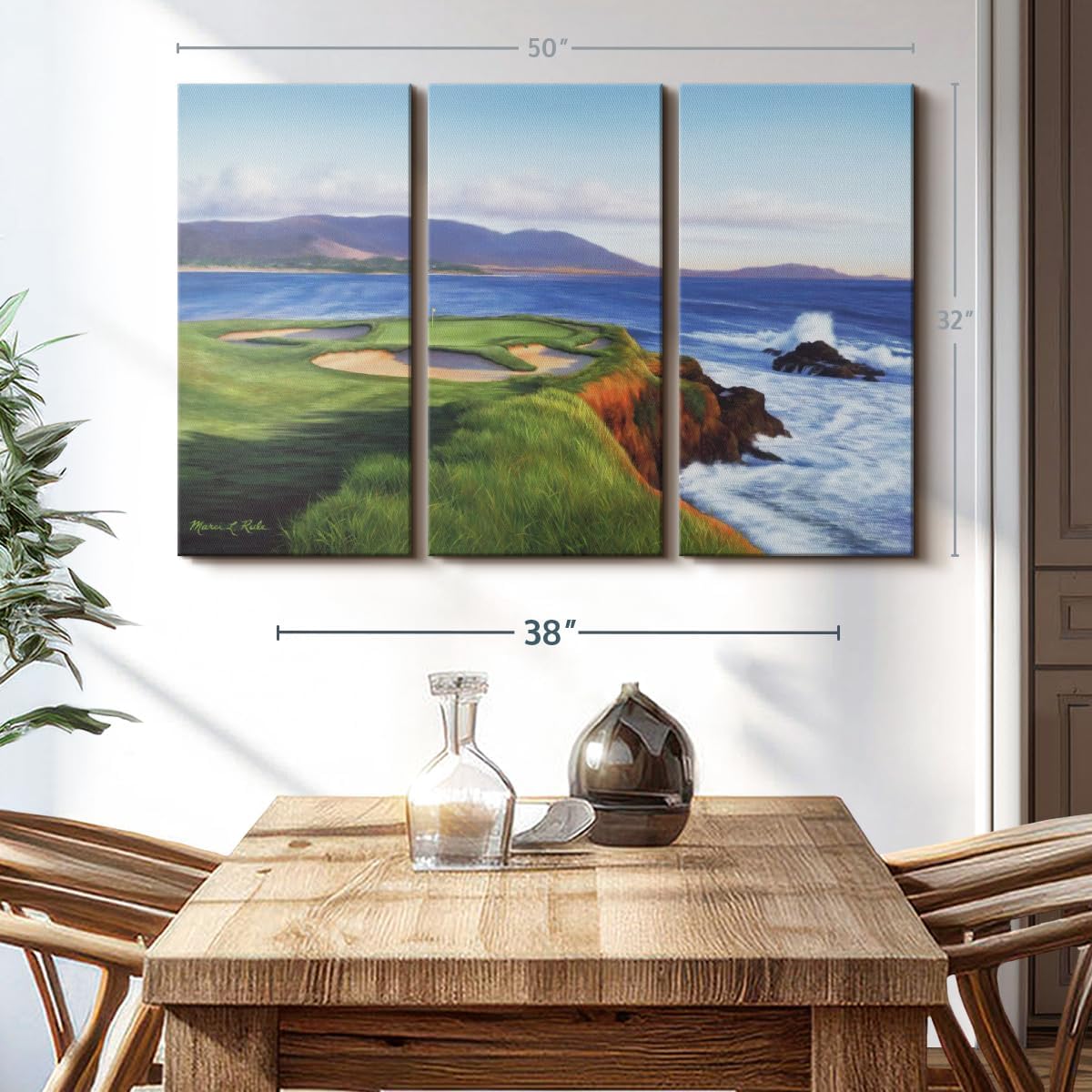 ElephantStock Pebble Beach 7th Hole Wall Art - Horizontal Canvas - 3-Piece Living Room Wall Decor - Painting Sports Canvas Print - Green and Blue Decor for Wall by Marci Rule - 50" X 32"