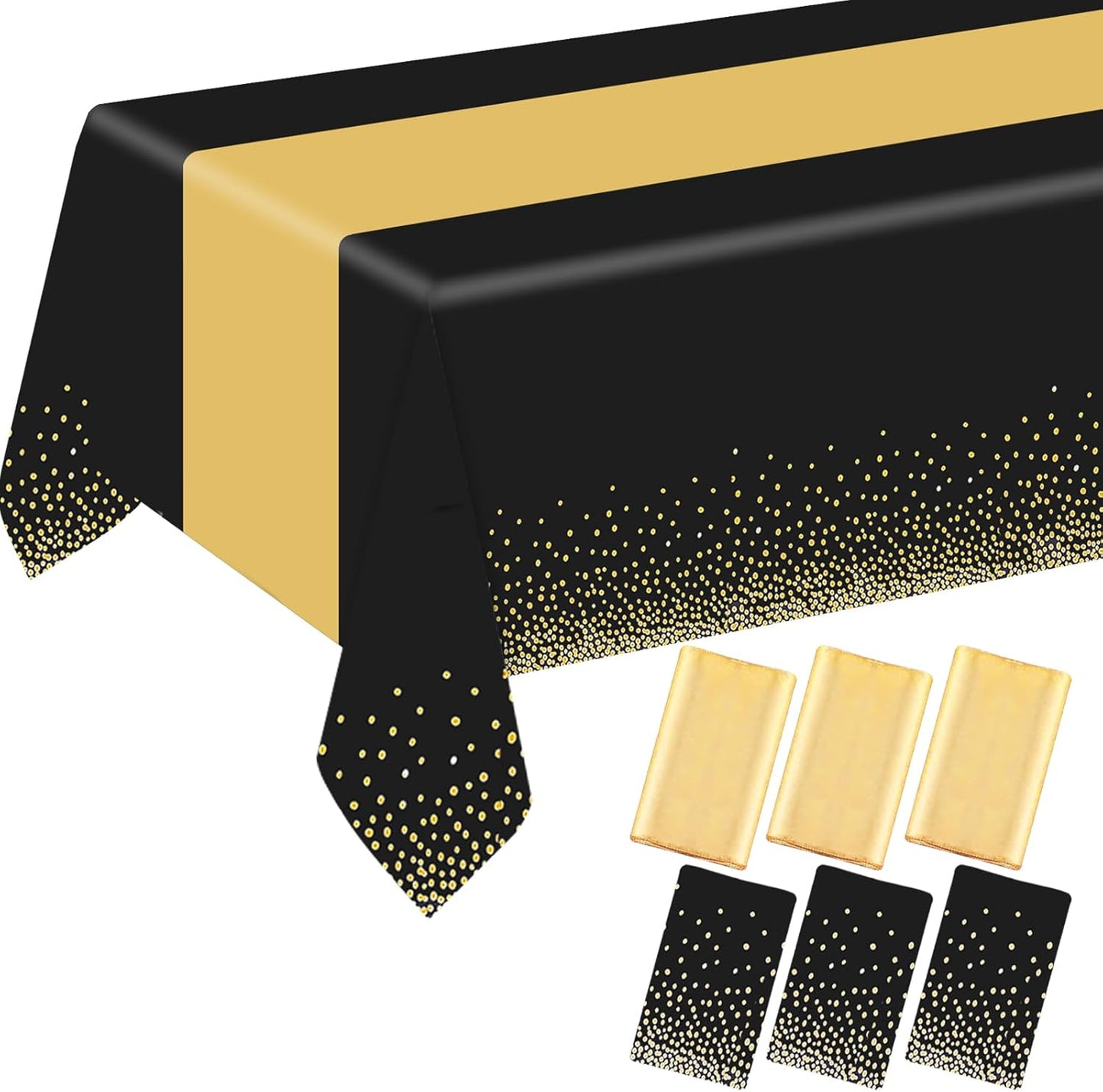 6 Pack Rectangle Plastic Dot Tablecloth Set, 54 X 108 Inch Plastic Table Cover, 12 x 108 Inch Satin Table Runners for Wedding Graduation Birthday New Year Party Decorations (Black, Gold)