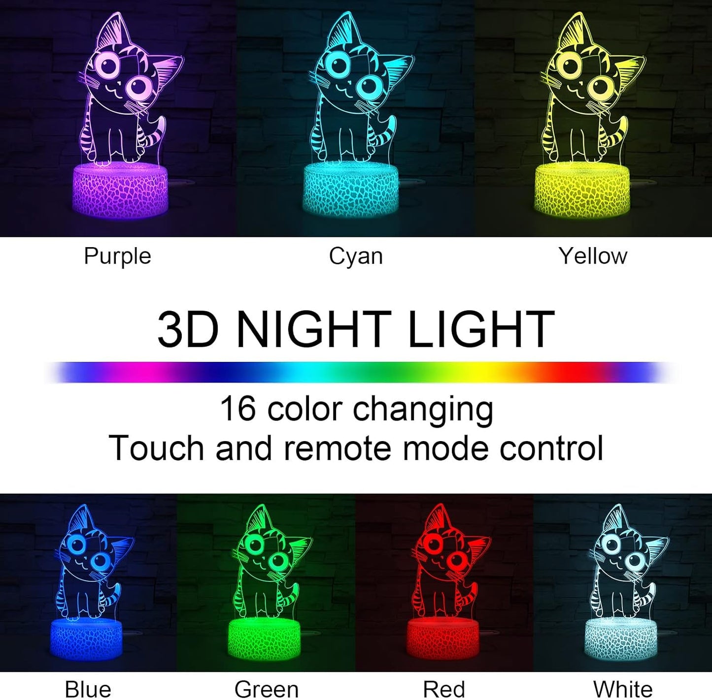 i-CHONY Cat Night Light for Girls,3D Optical Illusion Lamp 16 Colors Dimmable Led Light with Remote & Luminous Base,Cat Gifts for Women Teens Boys Girls Kids Christmas Gifts