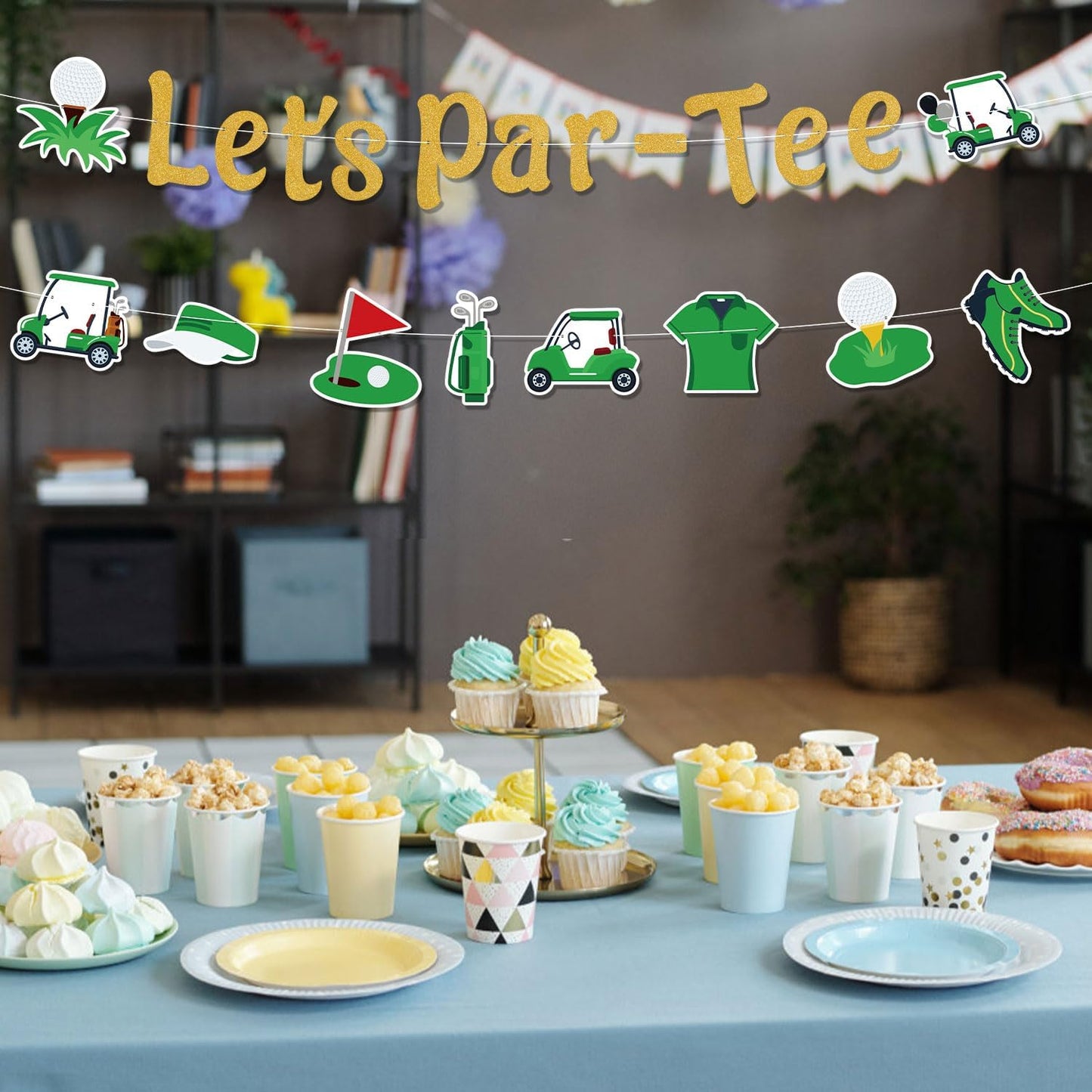 Let’s Par tee Banner, Pre-Strung Glitter Golf Theme Banner Garland Decor Hanging Golf Birthday Party Decorations for Sport Lovers Retirement Party Photo Props Supplies