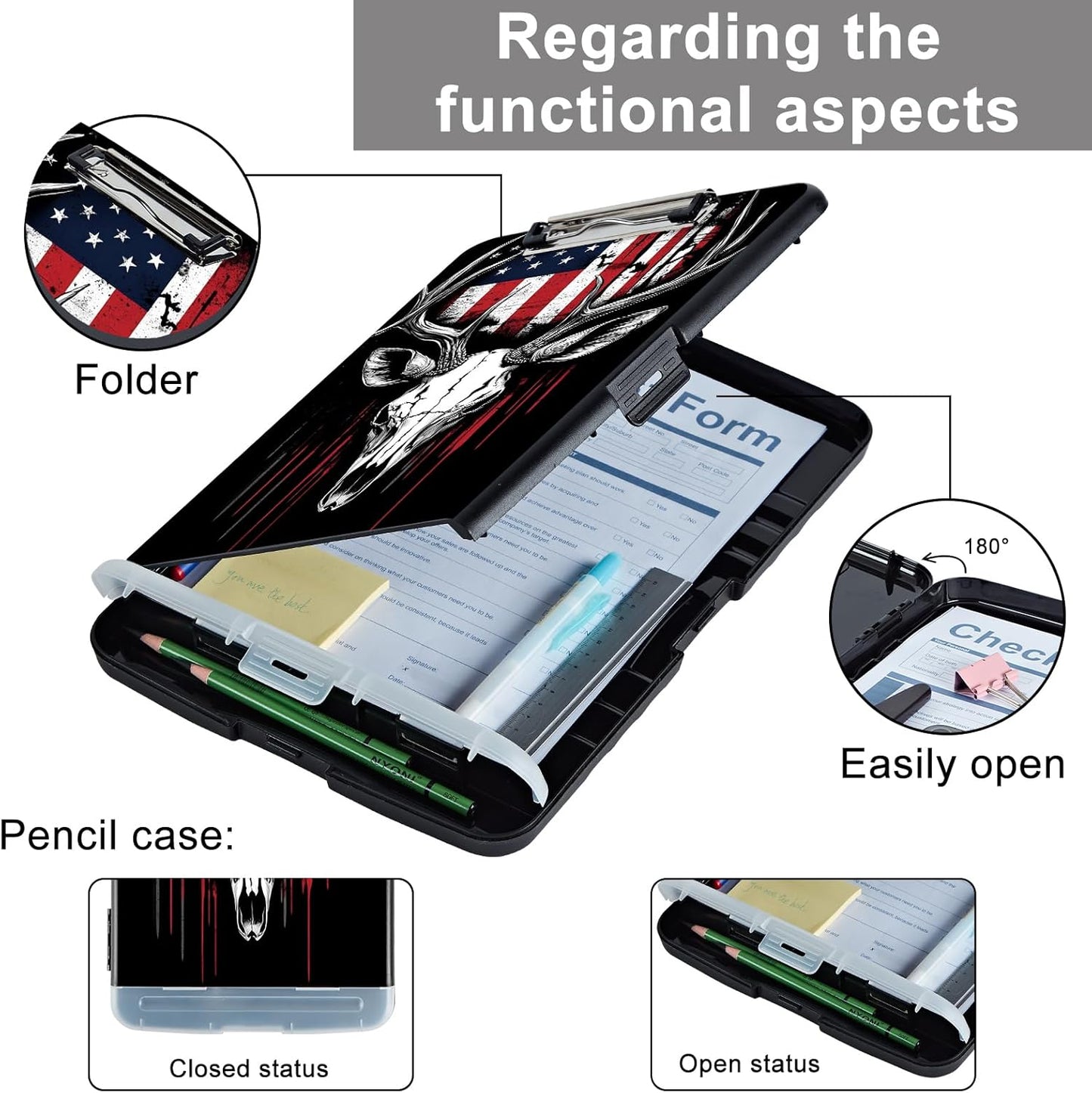 Clipboard with Storage - Large Capacity,Nursing Clipboard with Pen Holder,Heavy Duty,Plastic Side-Opening Folder for Teacher,Nurse - Deer Skull American Flag