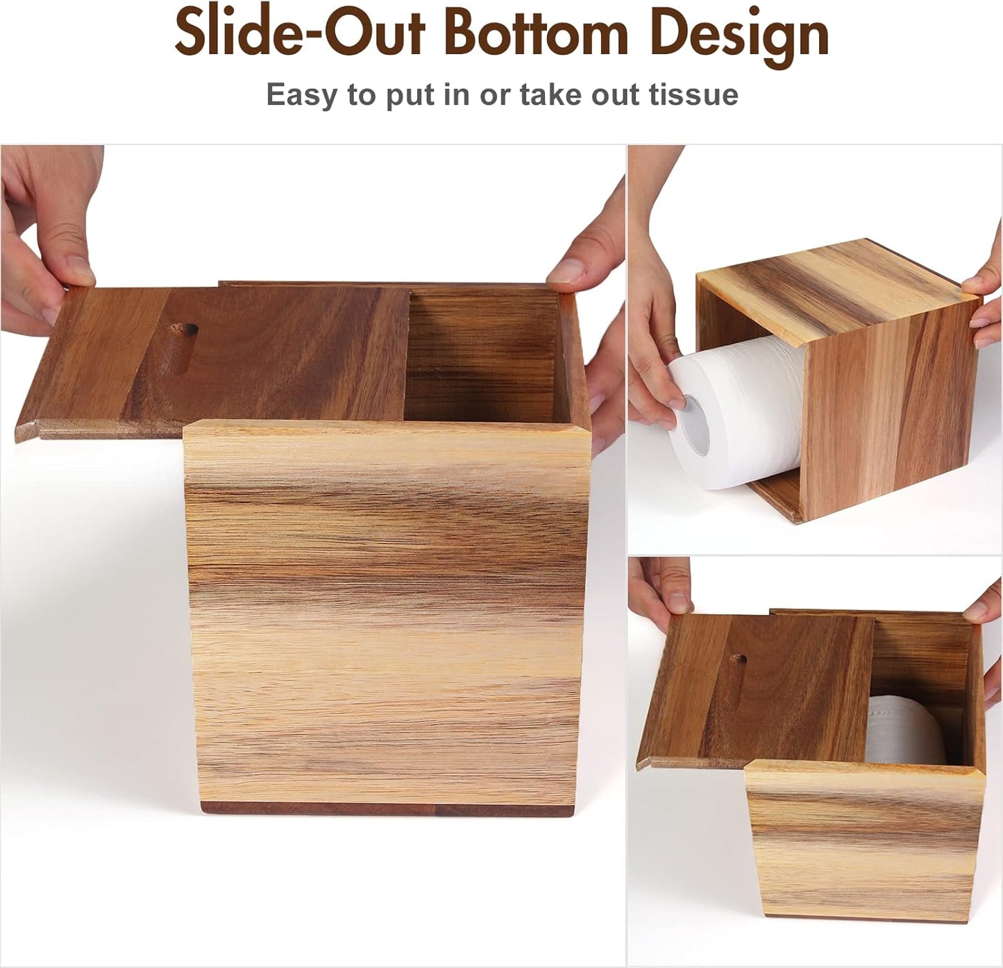 Tissue Box Cover, Acacia Wood Square Tissue Box Holder with Slide-Out Bottom for Bathroom, Bedroom, Dinner Table, Office