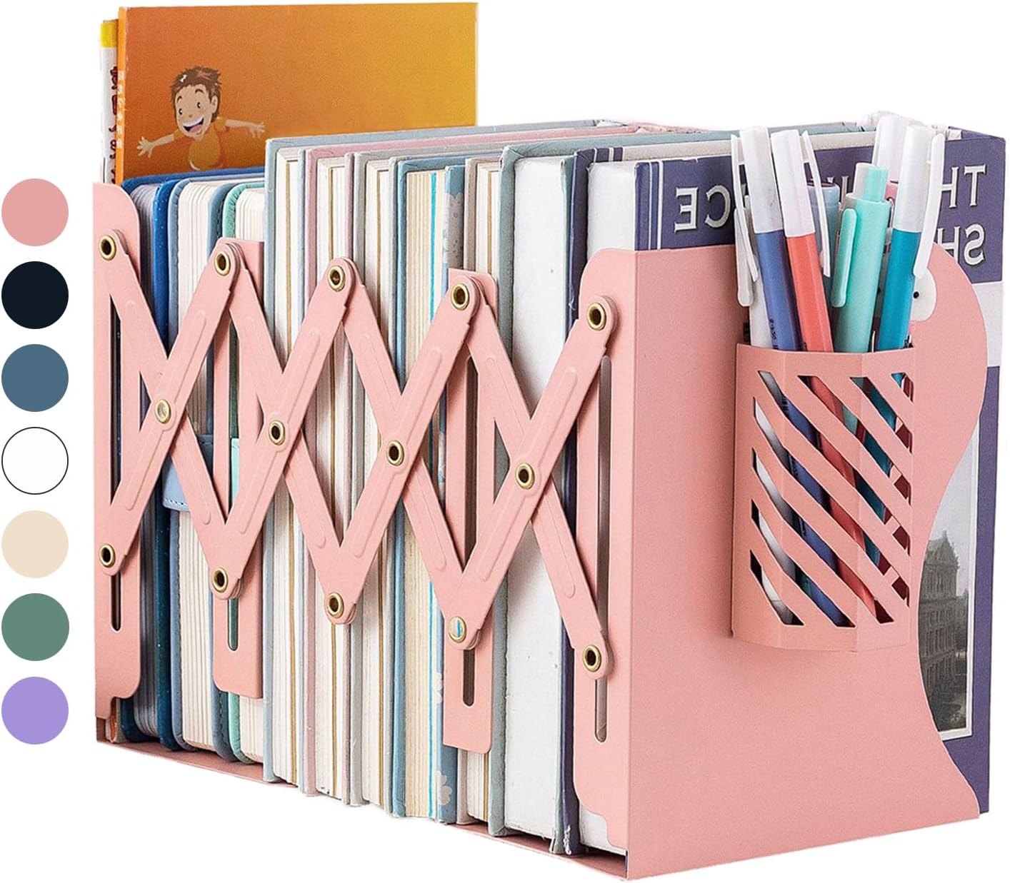 Kingsmile Book Ends, Adjustable Bookends for Shelves, Metal Bookends for Heavy Books, Book Stopper Organzier with Pen Holder for Desk, Kids Room, Office, Classroom, Library, Study Room.(Pink)