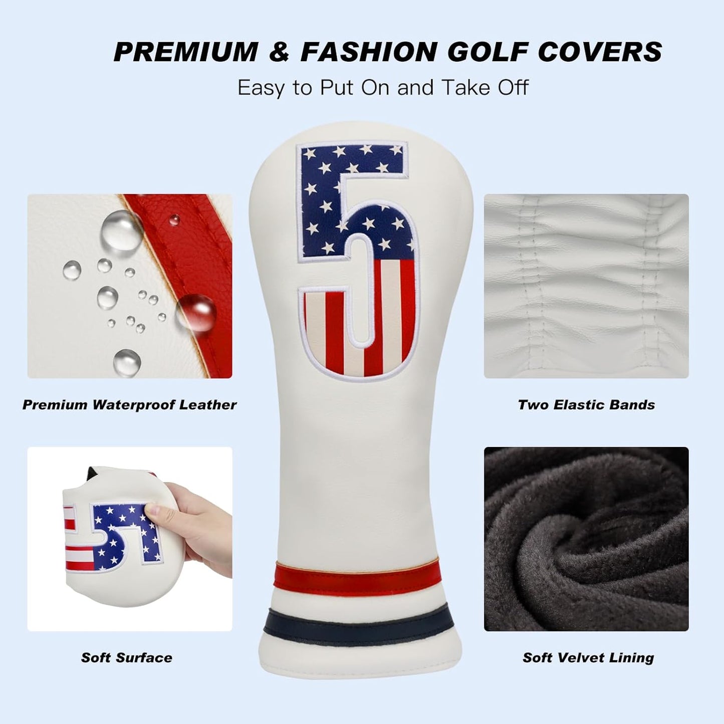 Golf Head Covers, 4pcs or 1pc USA Stars and Stripes Golf Club Covers for Woods and Driver Fairway Hybrid, PU Leather Golf Club Head Covers for Men Women with Interchangeable Tags, Fits Most Golf Clubs