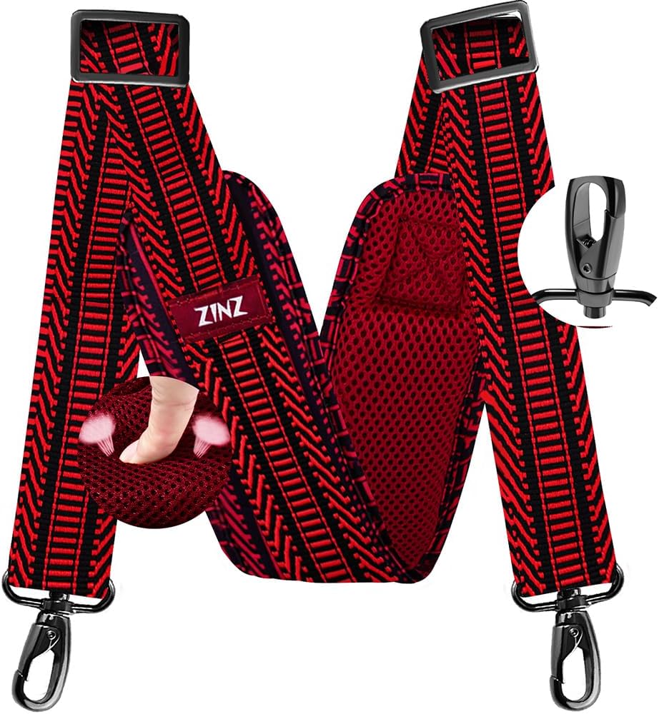 ZINZ 77 Inch Shoulder Strap Univesal Bag Strap with Fixed Pad Ultra Thick Plus Long & Breathable Cushion, Replacement Strap for Bags,Black Red Jacquard
