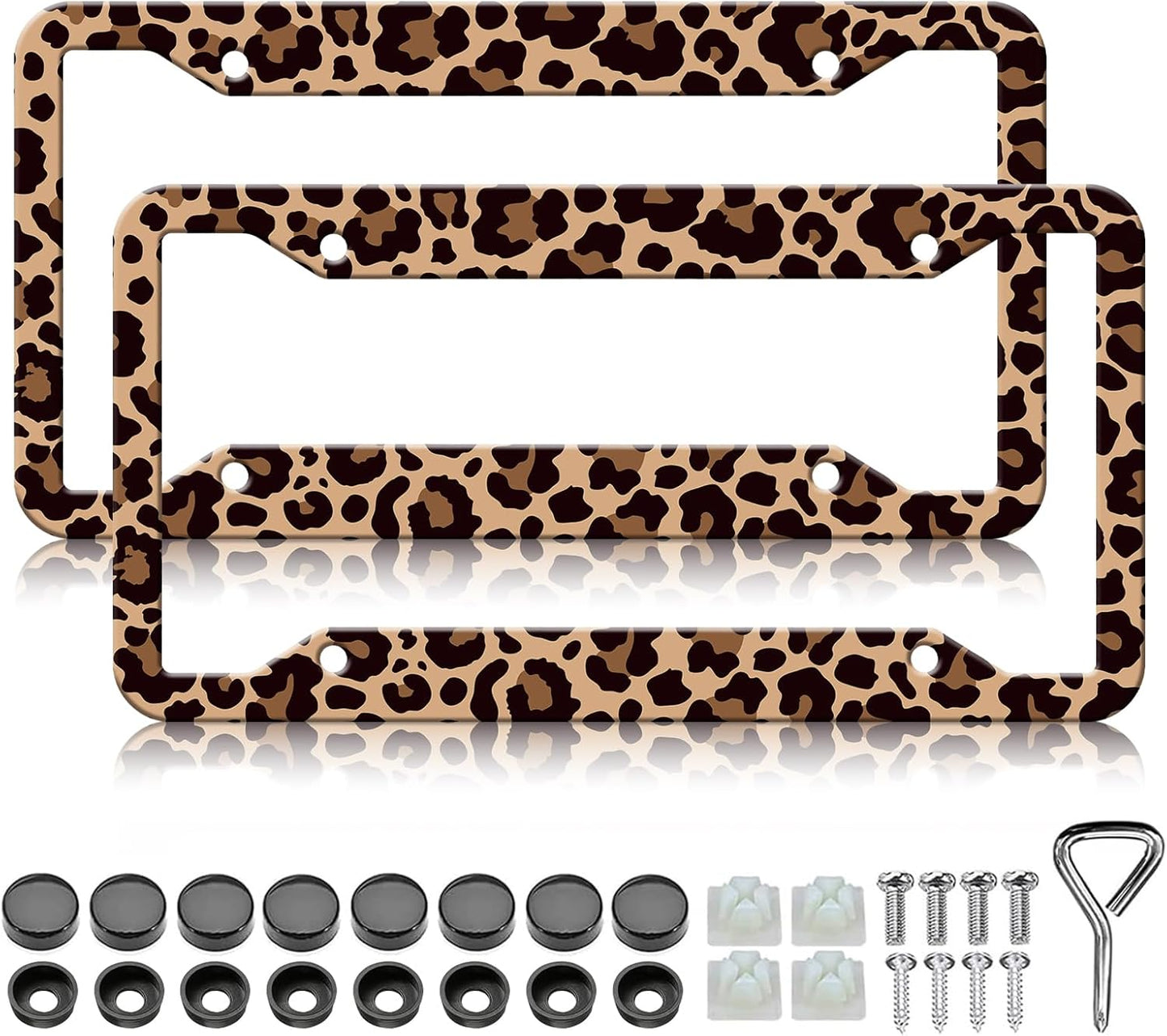 Leopard Print License Plate Frames - 2 Pack Front Rear Animal Brown Cheetah Print License Plates Holder Covers, Aluminum Metal Rust-Proof Waterproof Car Tag Frame with Screws Fasteners Caps
