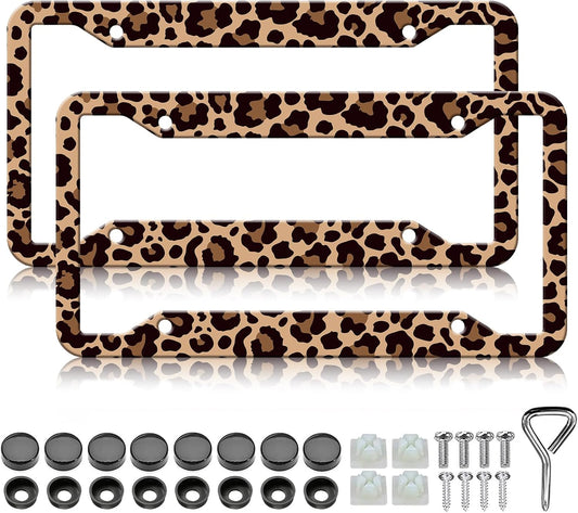 Leopard Print License Plate Frames - 2 Pack Front Rear Animal Brown Cheetah Print License Plates Holder Covers, Aluminum Metal Rust-Proof Waterproof Car Tag Frame with Screws Fasteners Caps