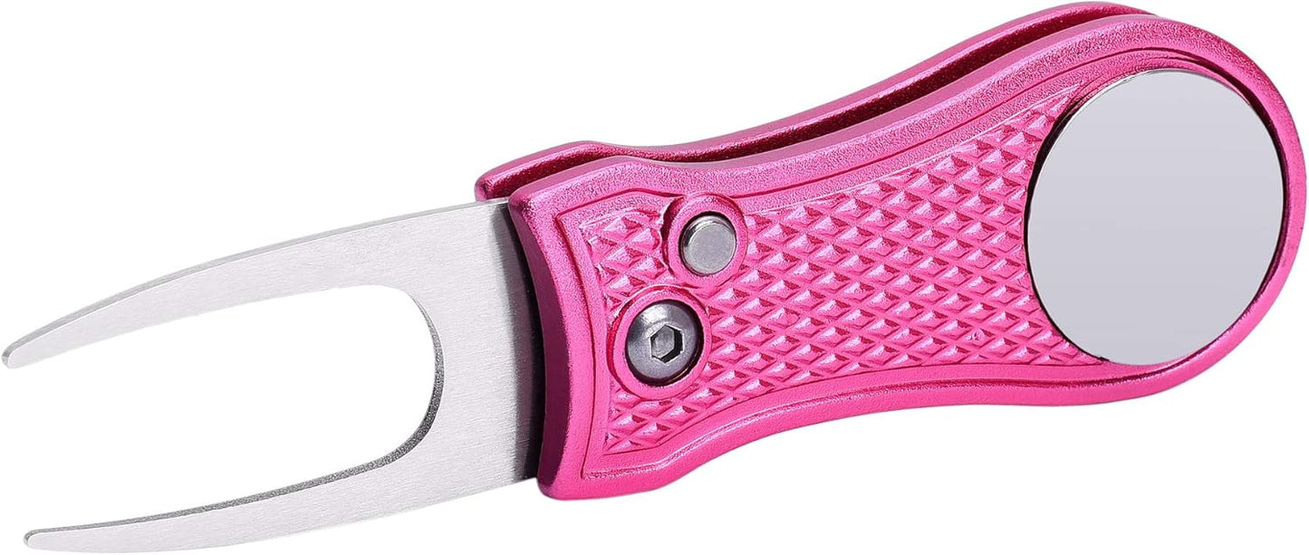 Mile High Life Golf Divot Repair Tool, All Metal Foldable Divot Tool with Pop-up Button & Magnetic Ball Marker
