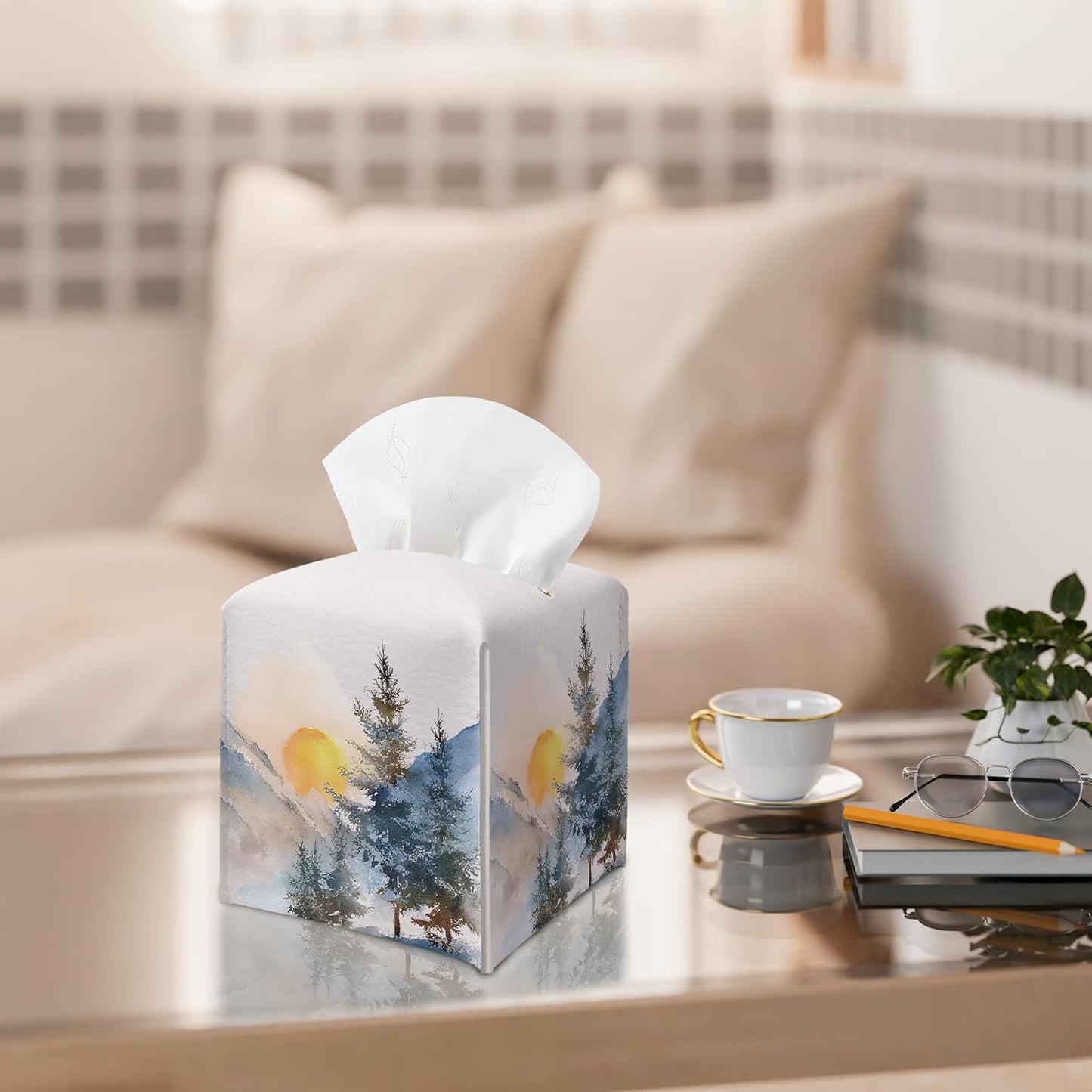 Winter Pine Tree Tissue Box Holder, Winter Forest Landscape Leather Tissue Box Cover Square with Bottom Belt, Paper Facial Decorative Tissues Cover for Bathroom Kitchen Office Home Decor-B24