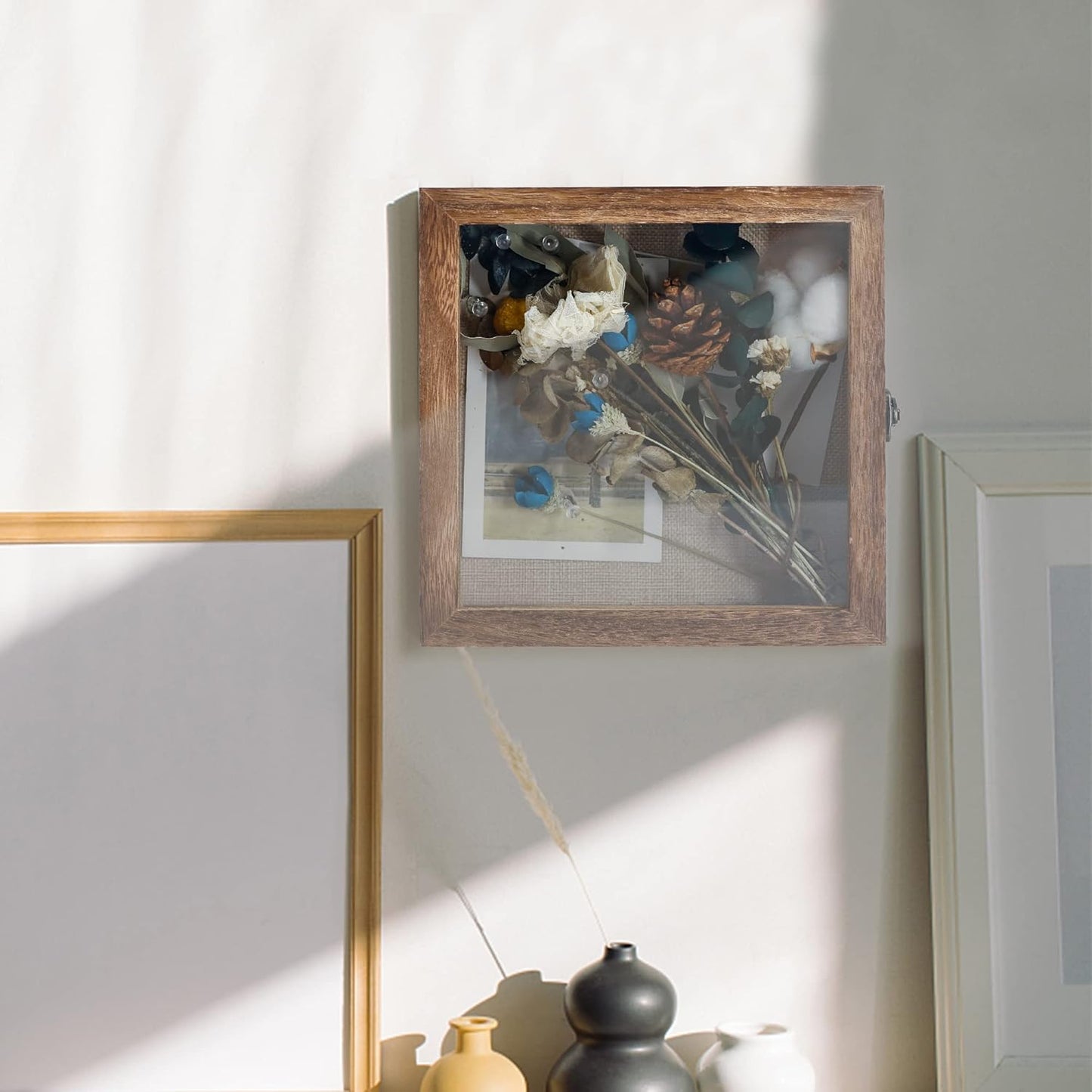 GraduatePro Shadow Box Frame 8x8 Display Case with Linen Back, Real Glass Window Door with Hinge, Picture Frame Wedding Bouquet Memorabilia Medals Photos Memory Box for Keepsakes, Carbonized Black