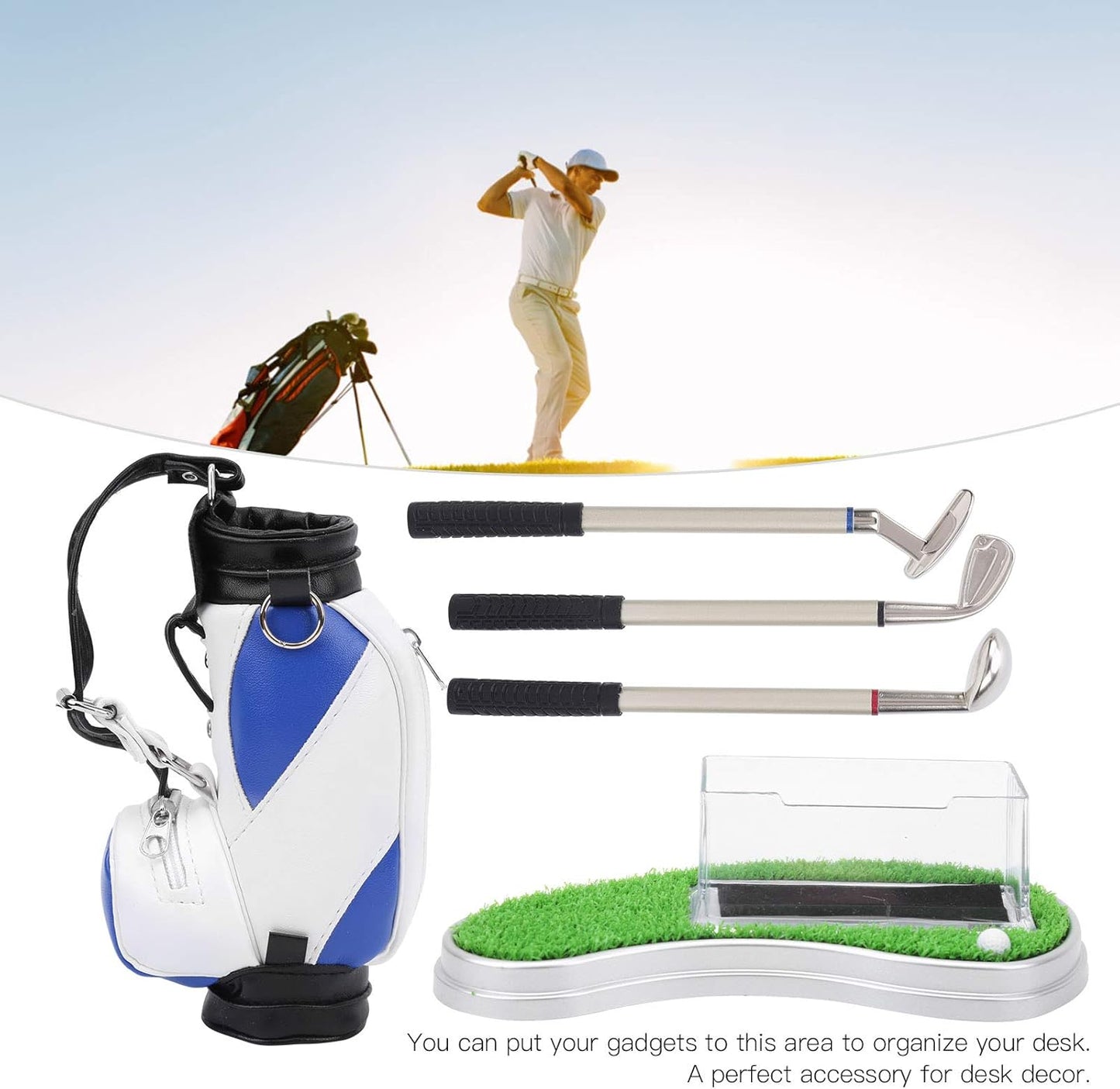 Alomejor Office Desk Golf Bag Pencil Holder with Golf Pens Business Card Box Base for Golf Souvenirs Gifts