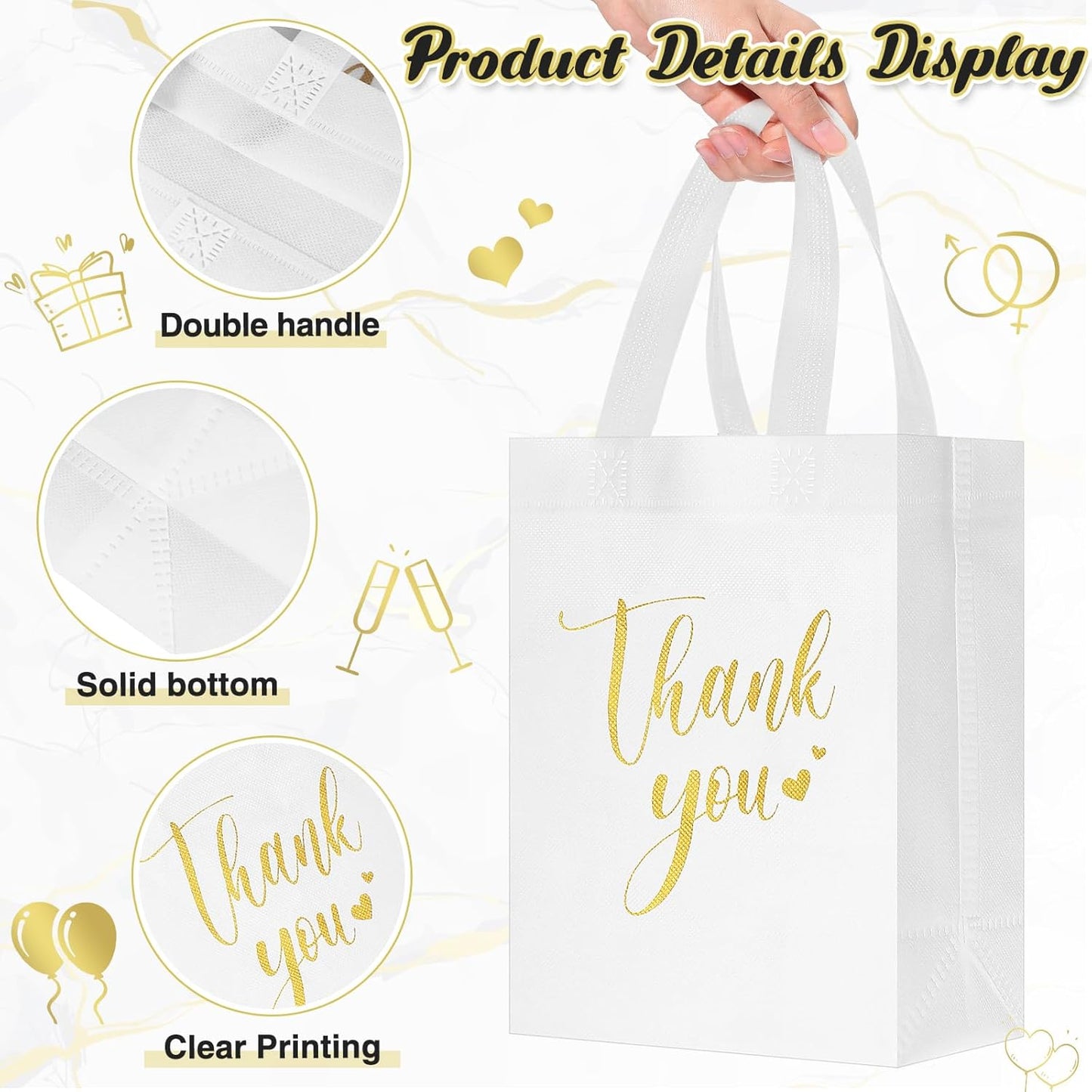 Sweetude 30 Pcs Thank You Gift Bags with Handles Bulk Reusable Goodie Bag Non Woven Foldable Handbag for Graduation Wedding Bridesmaid Gifts(10 x 8 x 4 Inch,Black, White)
