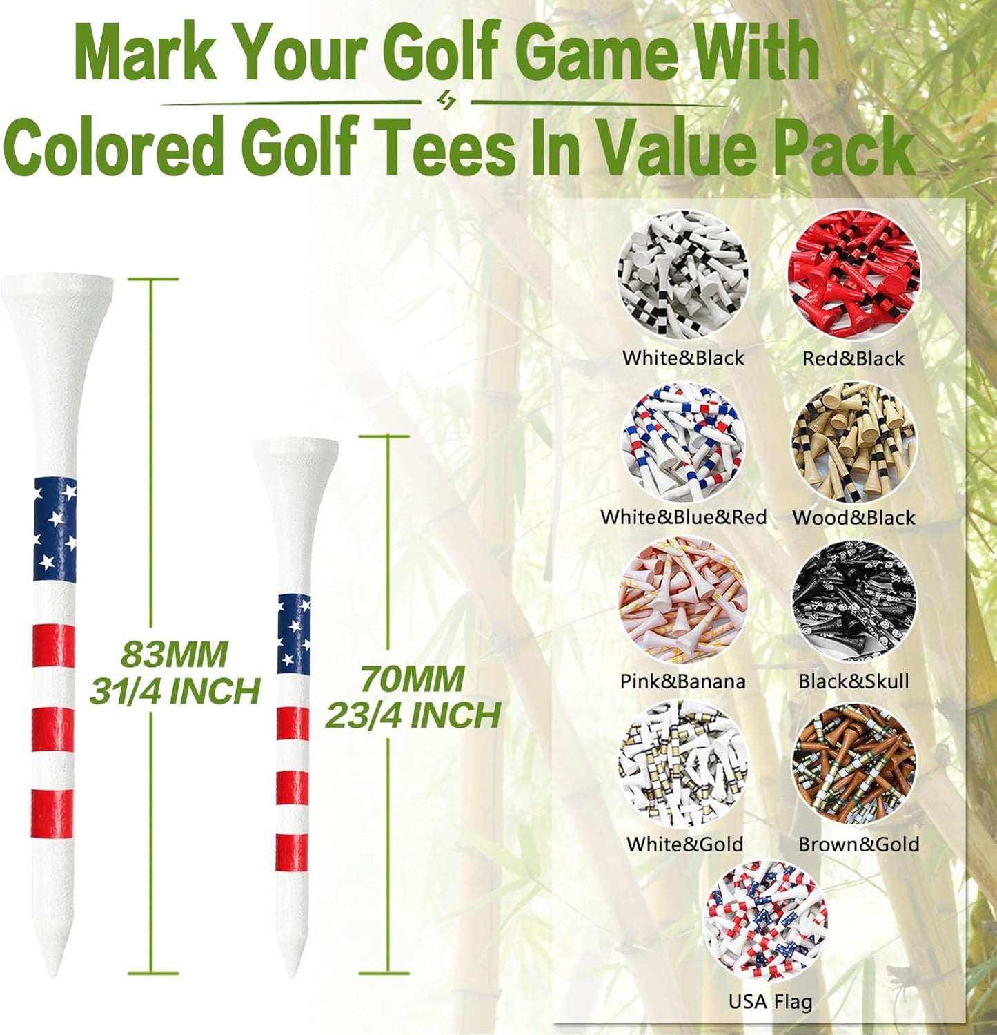 FINGER TEN Golf Tees Wood 3 1/4 2 3/4 Inch Wooden Bamboo 50/120 Count, Durable Biodegradable Colored Bulk Tee 70mm 83mm