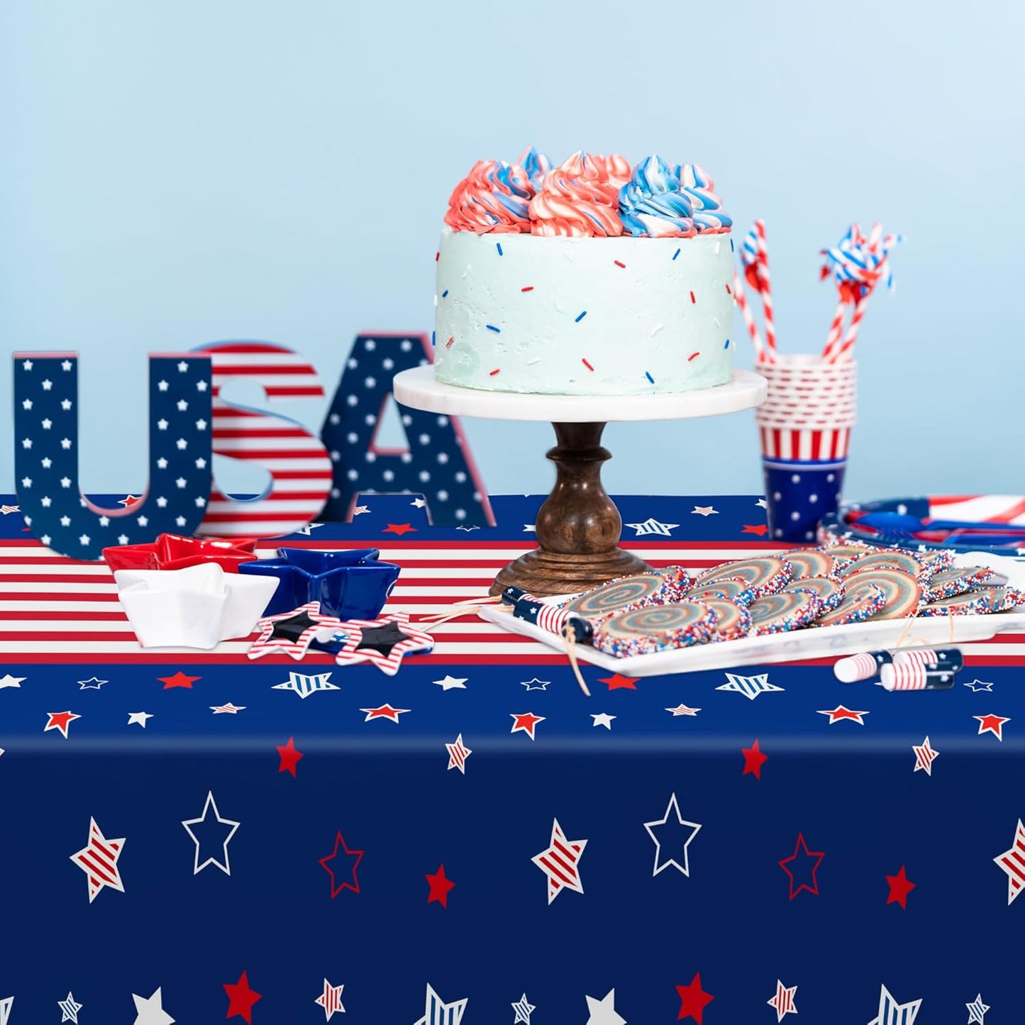 QZYL 2 Pack 4th of July Tablecloth, 54" x 108" American Plastic Table Cover, Disposable Red White Blue Tablecloths Fourth of July Table Cloth, Patriotic Party Supplies Independence Day Decorations