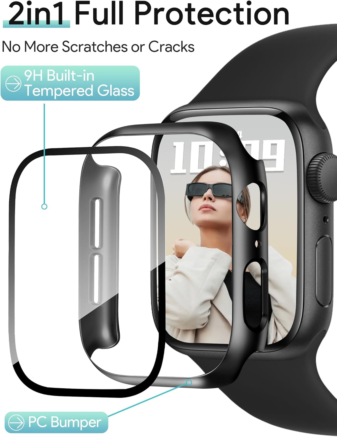 JR.DM 44mm 2 Pack Hard PC Case with HD Tempered Glass Screen Protector for Apple Watch Series 6/5/4/SE/SE2/SE3, Guard Bumper Full Coverage Protective Anti-Scratch Face Cover for iWatch, Black+ Black
