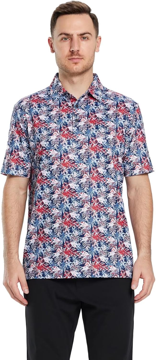 Golf Shirts for Men Dry Fit Short Sleeve Print Performance Moisture Wicking Polo Shirt