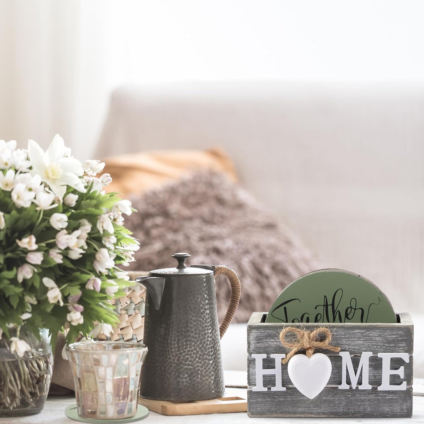 Queekay Housewarming Gifts for Home Decoration Wooden Heart Coasters for Drinks 6 Set Farmhouse Coasters with Holder Funny for Family Coffee Table Protection, 4''(Green)