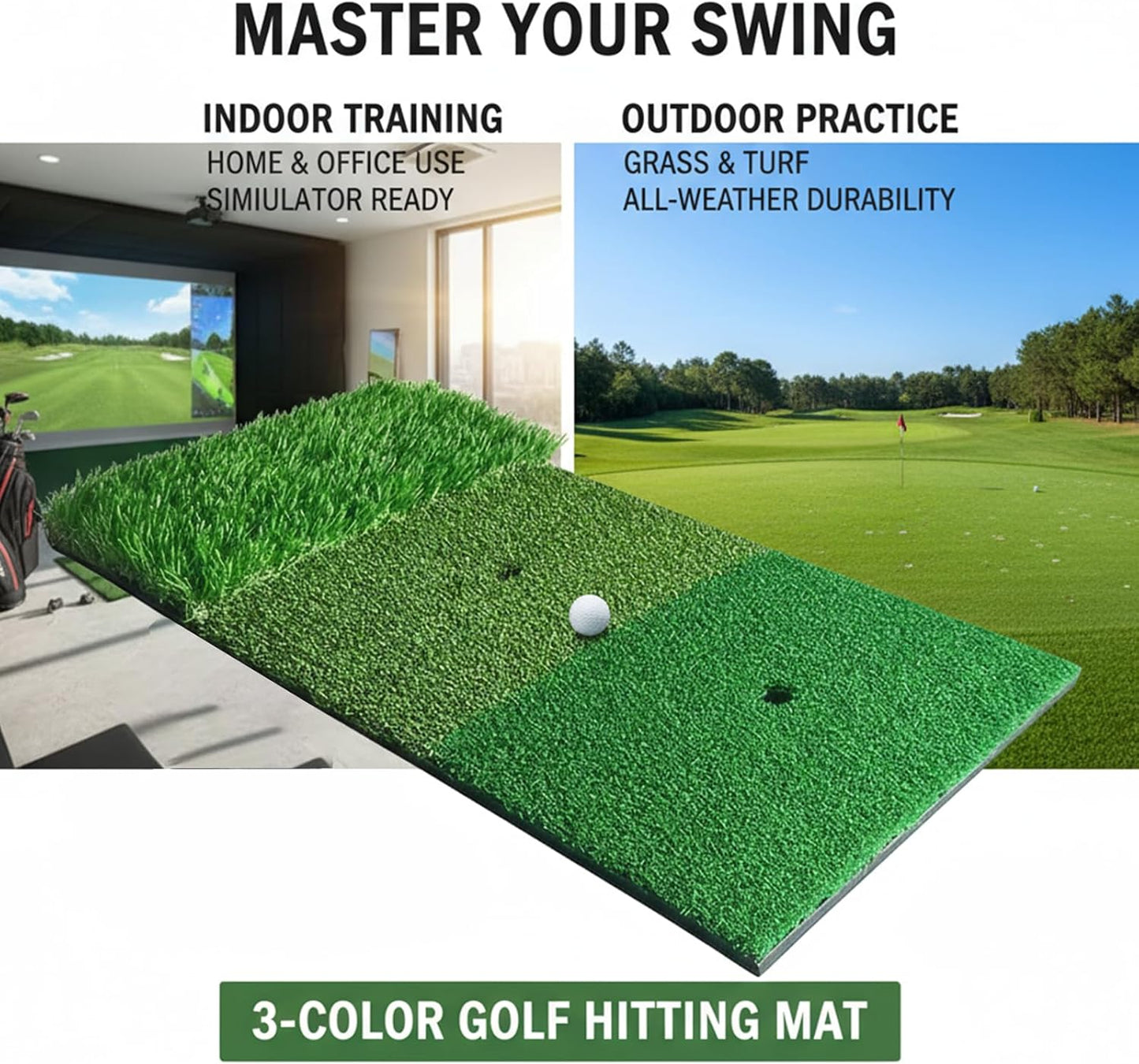 3-in-1 Golf Chipping Mat – Tri-Turf Golf Practice Mat for Indoor & Outdoor Use, Durable Turf Hitting mat for Driving, Chipping, and Putting Practice
