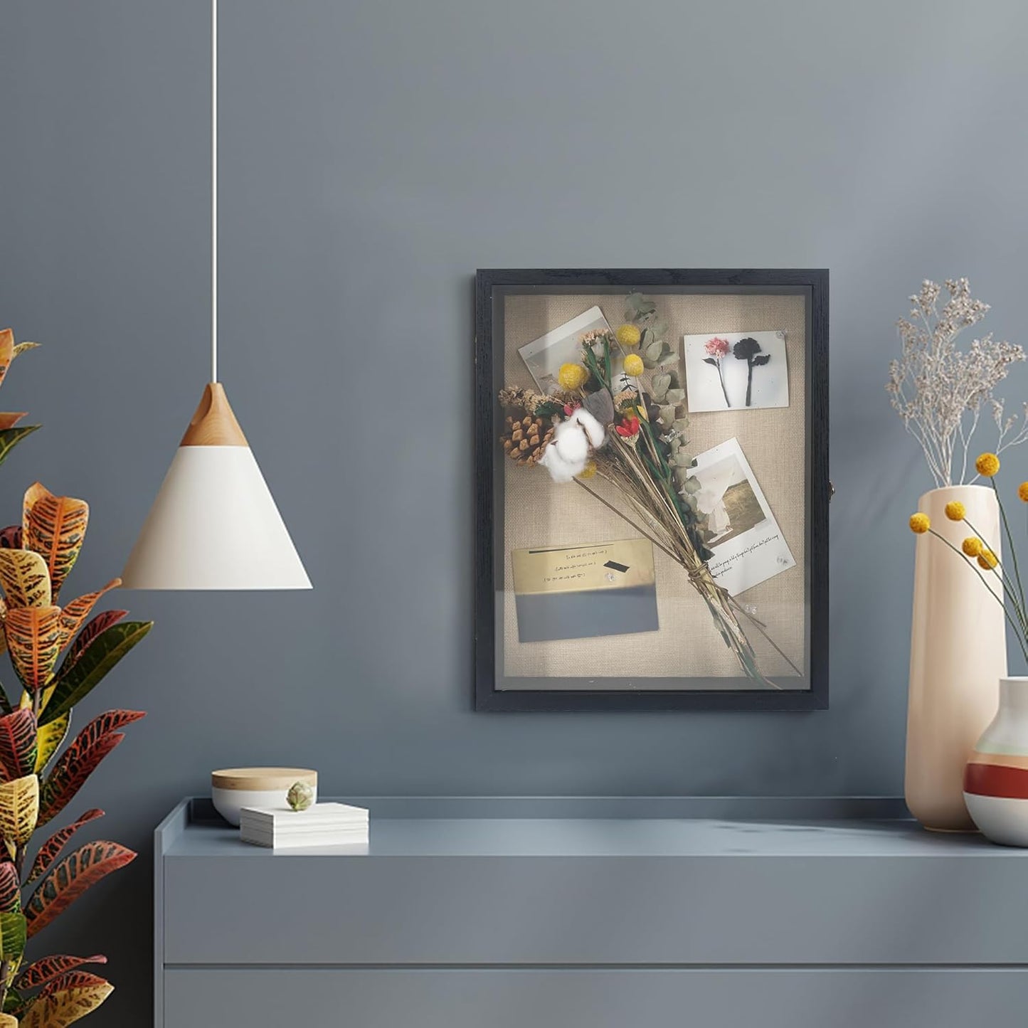 GraduatePro Shadow Box Frame 13X16 Display Case with Linen Back, Real Glass Window Door with Hinge, Picture Frame Wedding Bouquet Memorabilia Medals Photos Memory Box for Keepsakes Rustic Black