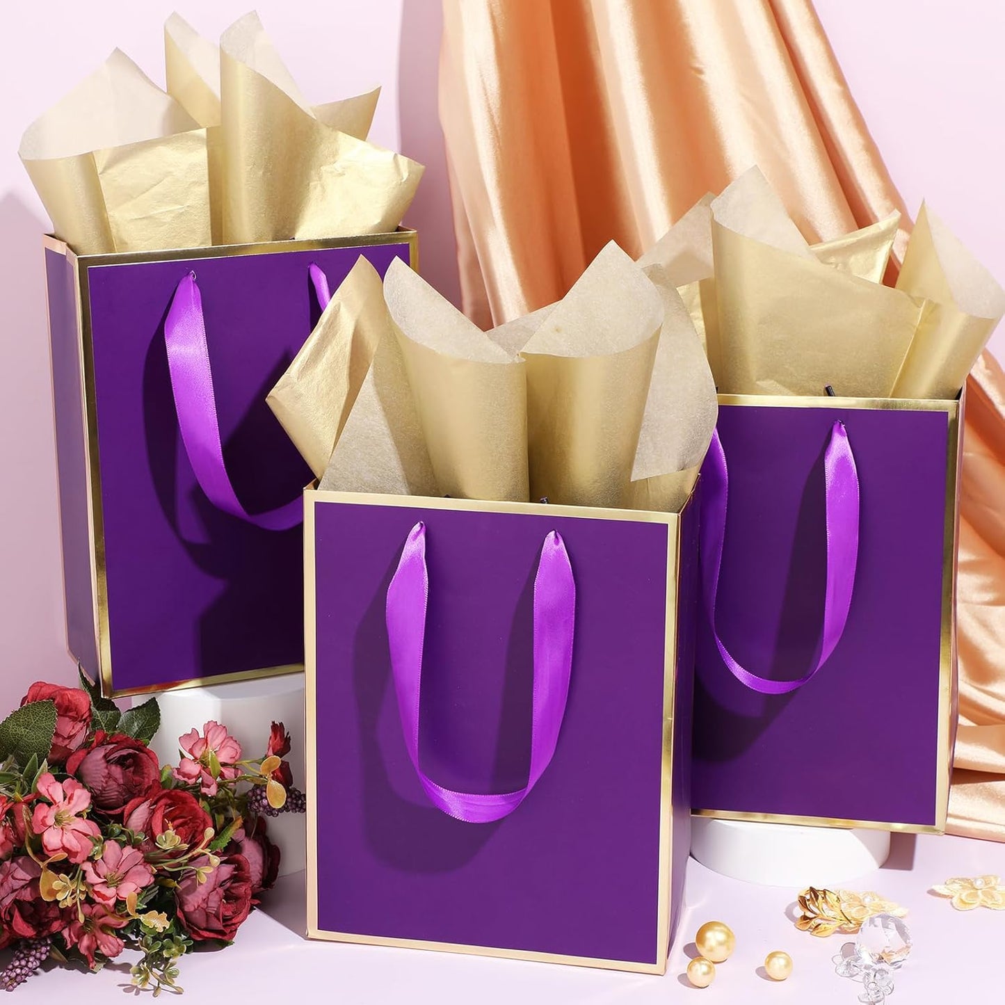 Yeaqee 24 Pack Metallic Paper Gift Bags with Handle and Tissue 9x7x3.1 Gold Foil Welcome Favor Bags Return Gifts for Wedding Fall 5 Senses Christmas Bridesmaid Birthday(Purple Gold)