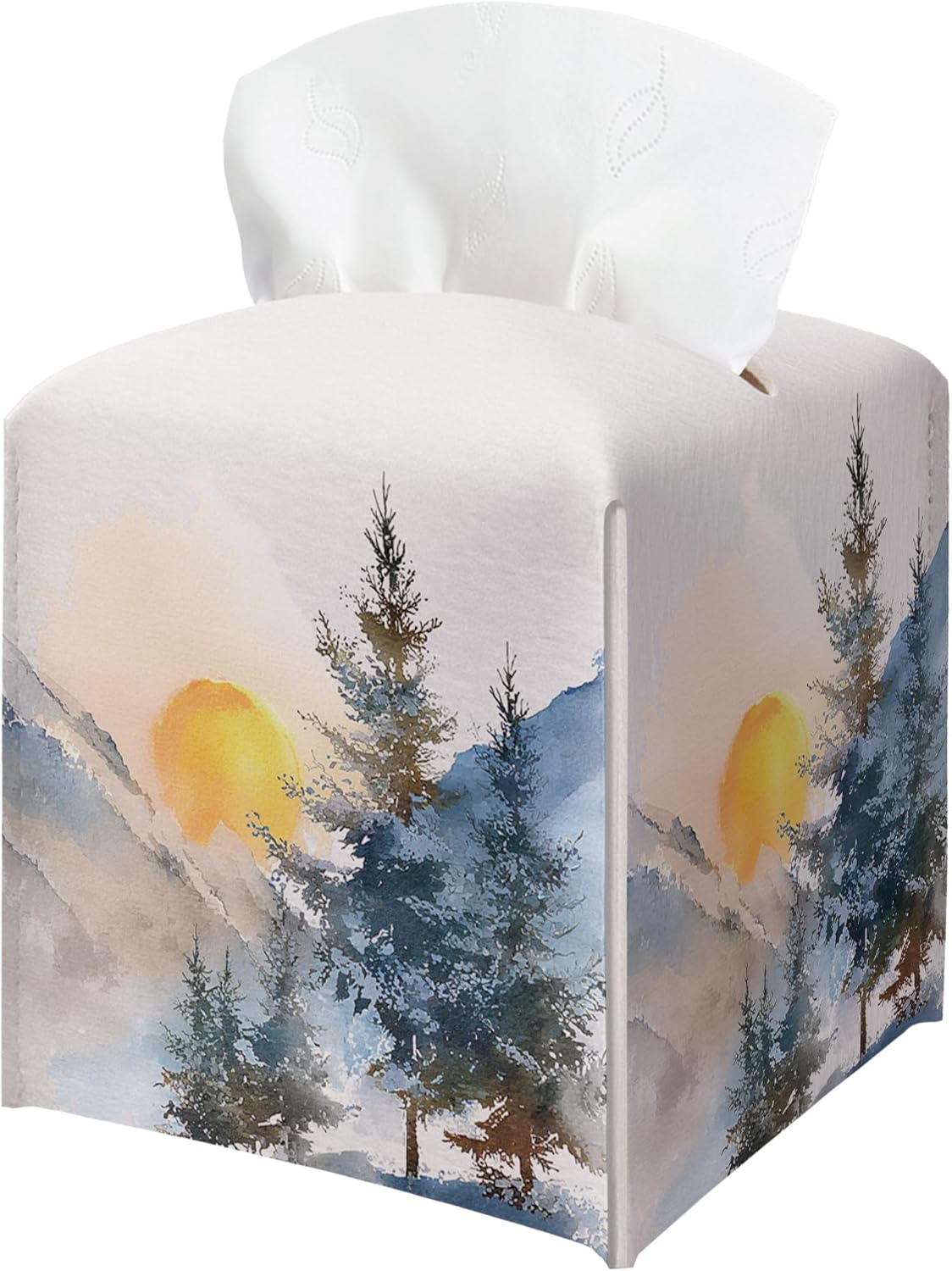 Winter Pine Tree Tissue Box Holder, Winter Forest Landscape Leather Tissue Box Cover Square with Bottom Belt, Paper Facial Decorative Tissues Cover for Bathroom Kitchen Office Home Decor-B24
