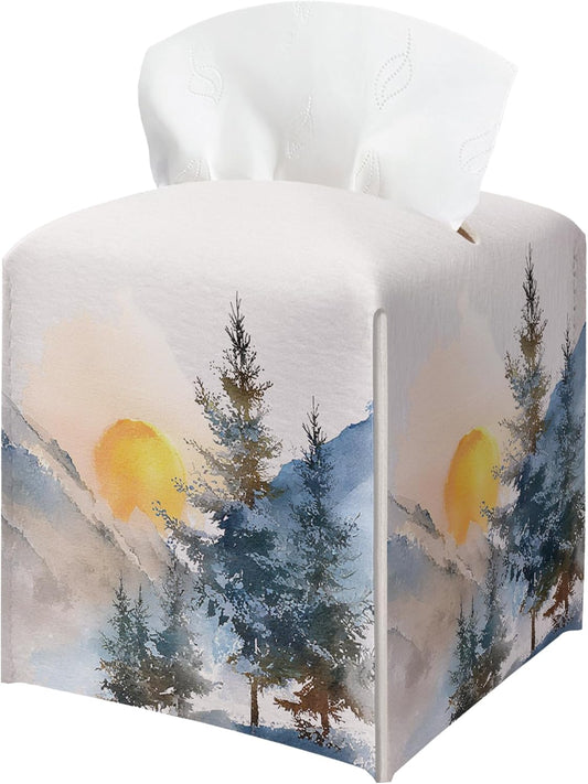 Winter Pine Tree Tissue Box Holder, Winter Forest Landscape Leather Tissue Box Cover Square with Bottom Belt, Paper Facial Decorative Tissues Cover for Bathroom Kitchen Office Home Decor-B24